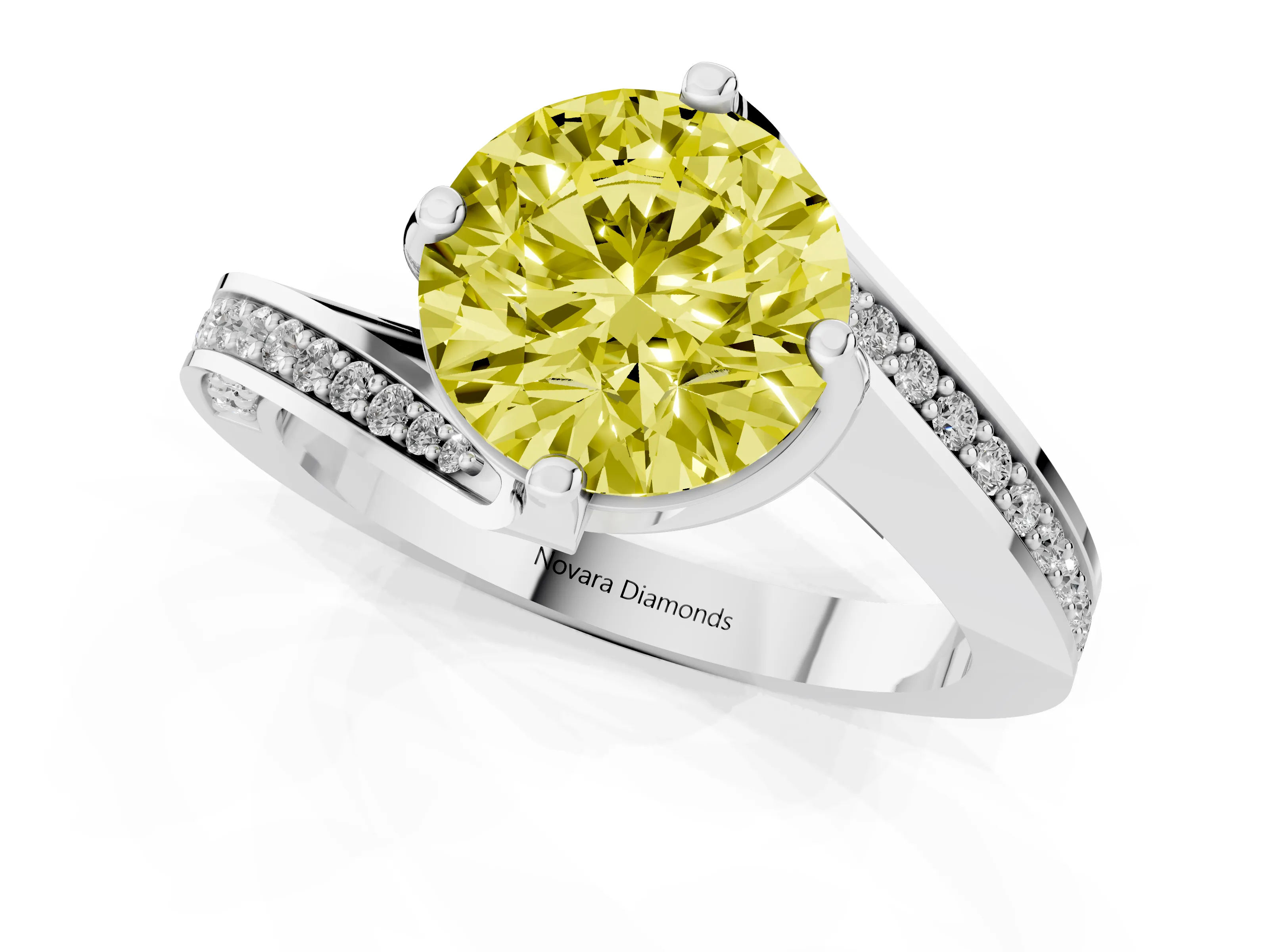 Fancy Yellow Round Cut Diamond Solitaire Ring Set in Silver with Intertwined Pavé Twist Band