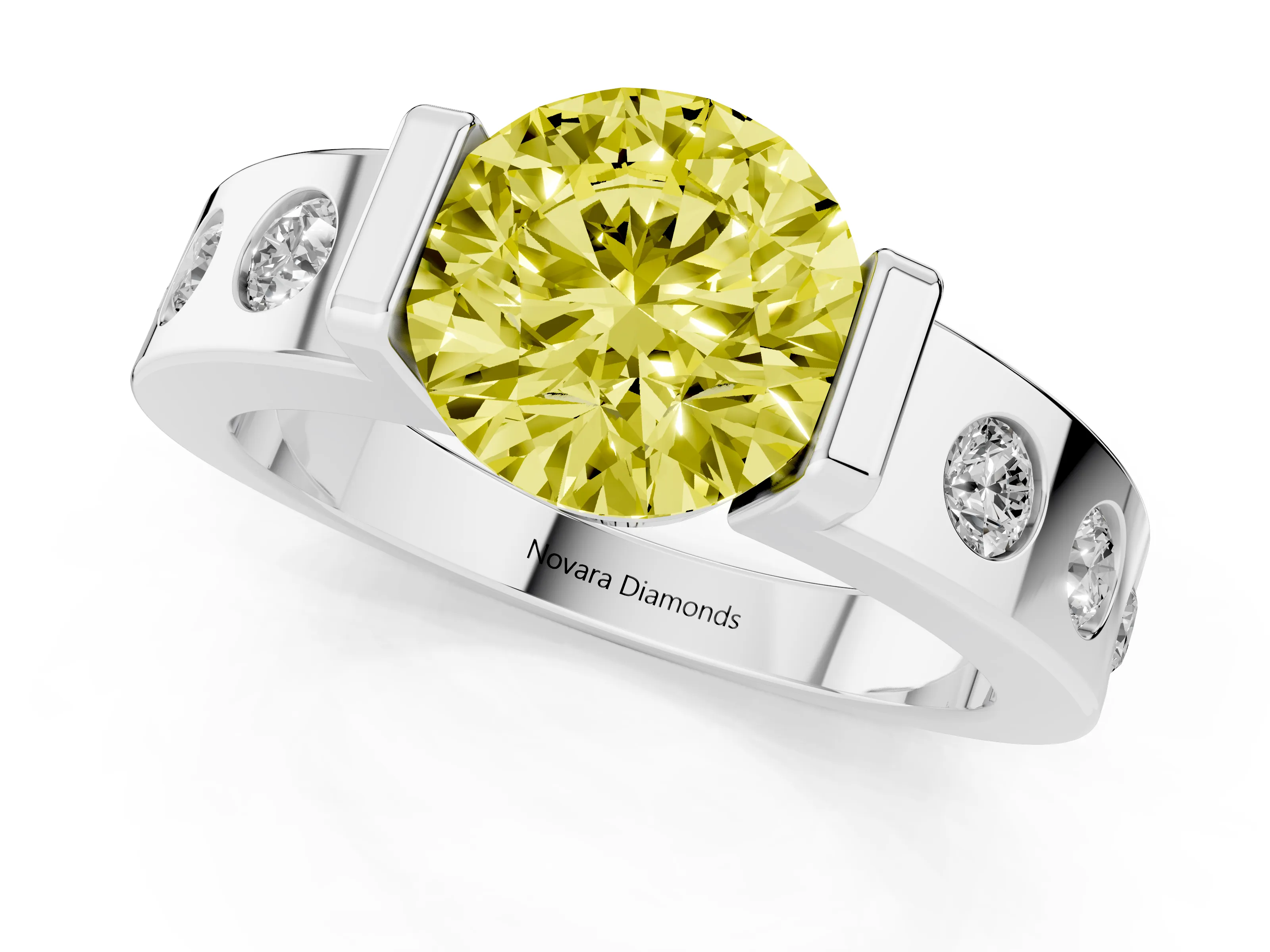 Fancy Yellow Round Cut Diamond Channel-Set Band Ring Set in Silver with Bezel Prong Setting