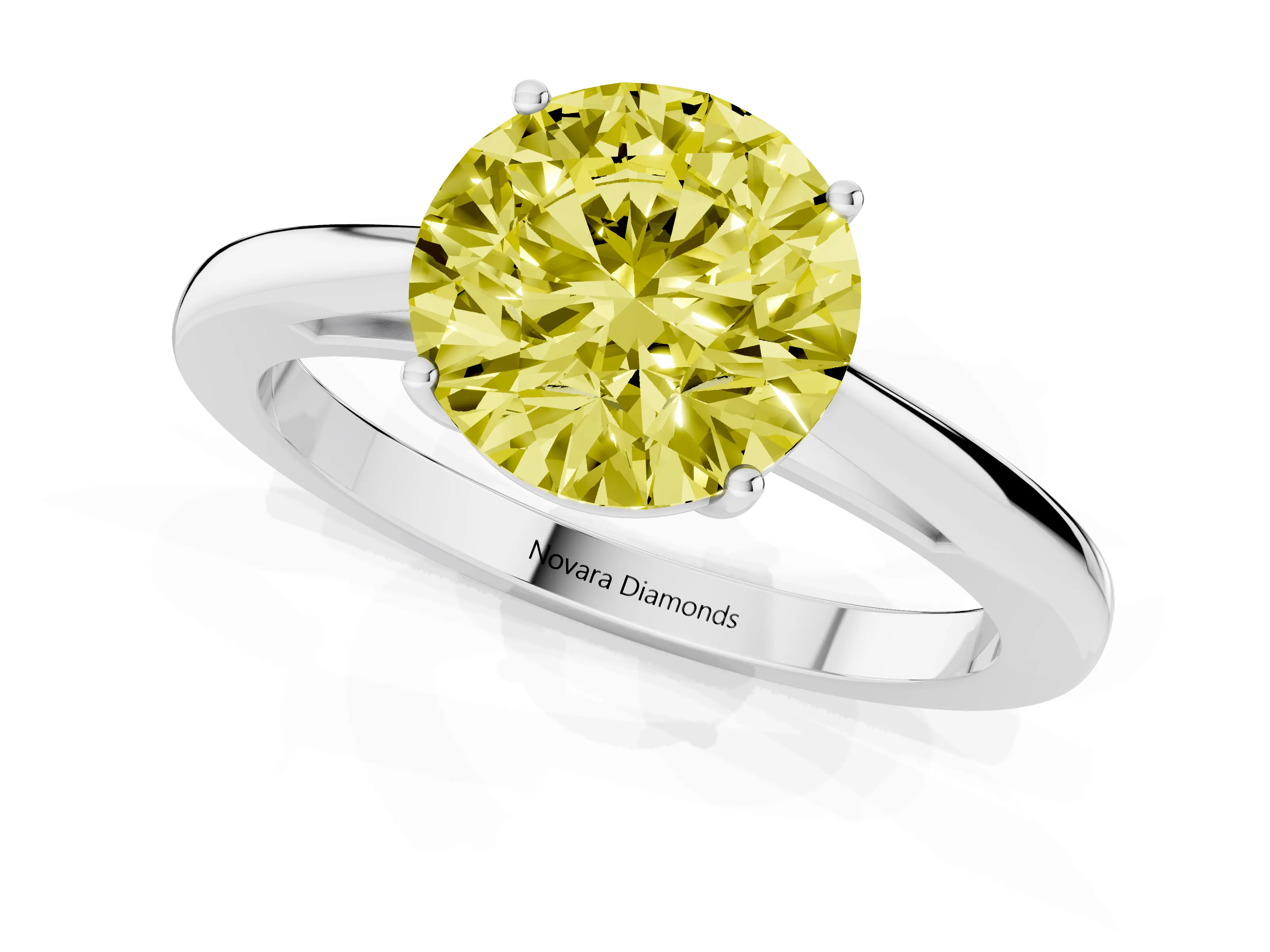 Fancy Yellow Round Cut Diamond Solitaire Ring Set in Platinum with Split Shank and Prong Setting