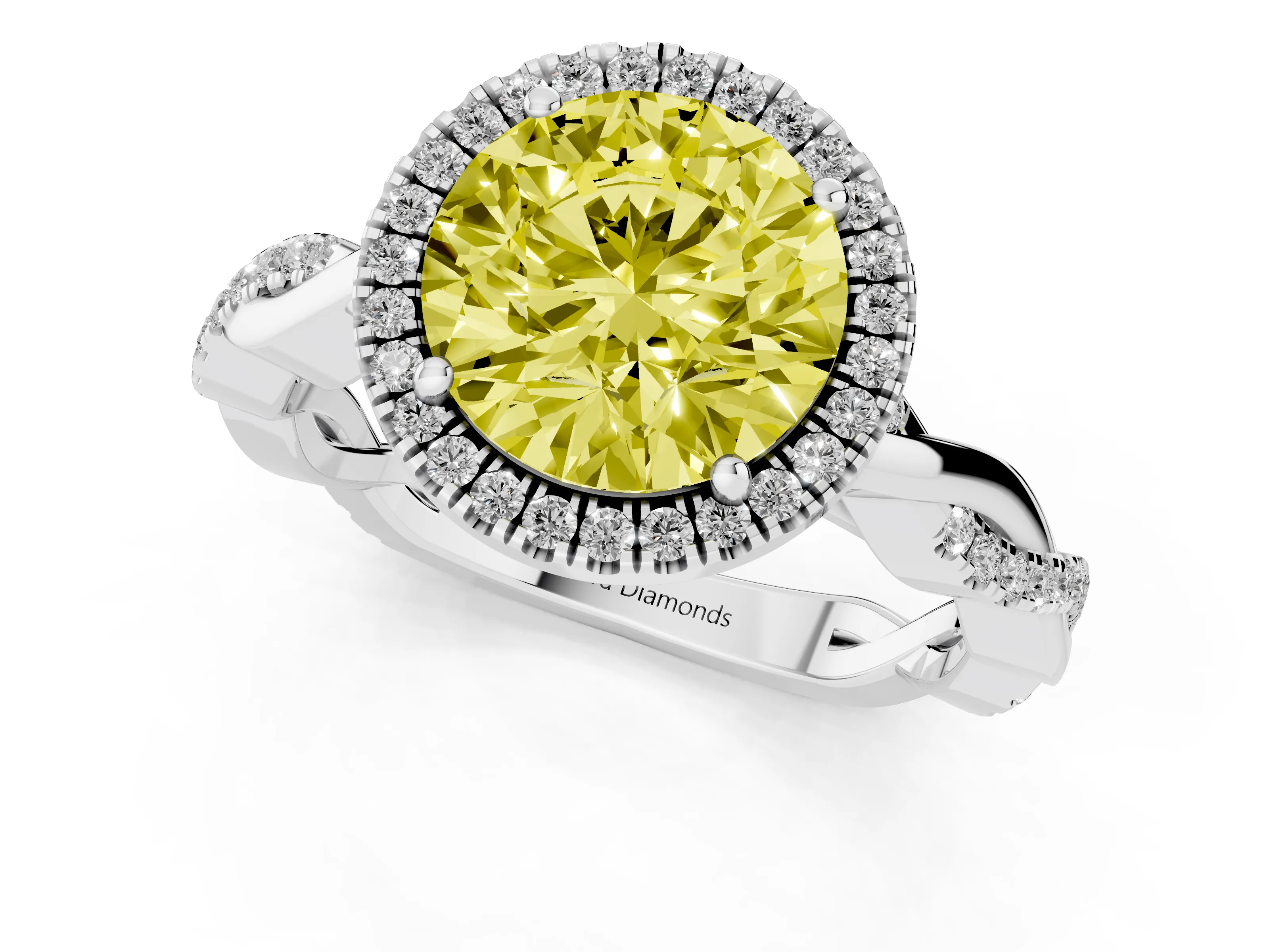 Fancy Yellow Round Cut Diamond Halo Twisted Band Ring Set in Silver with Prong Setting
