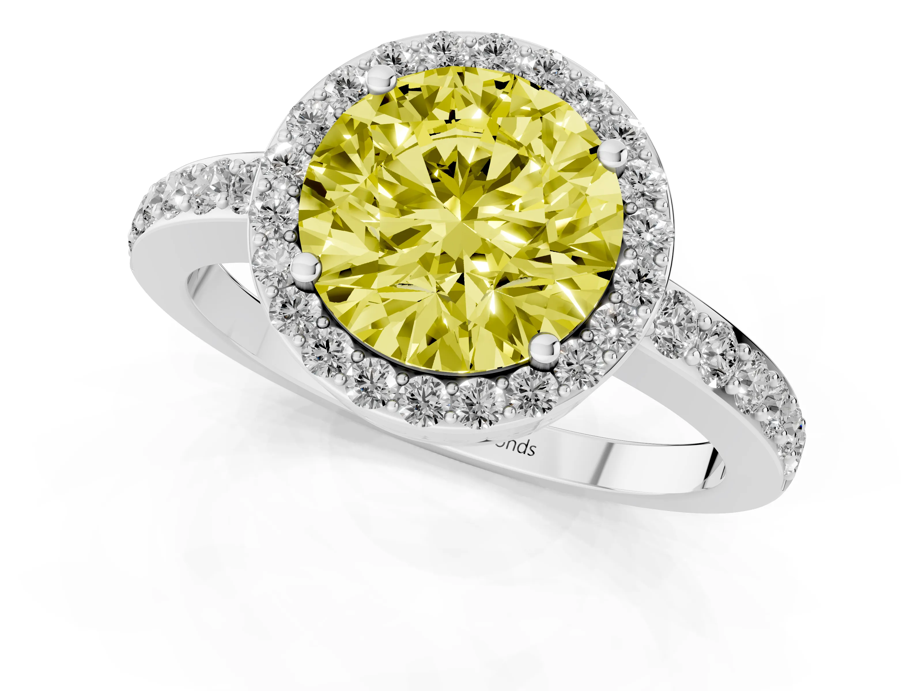 Fancy Yellow Round Cut Diamond Halo Ring Set in White gold with Pavé-Setting Band and Open Prong Center