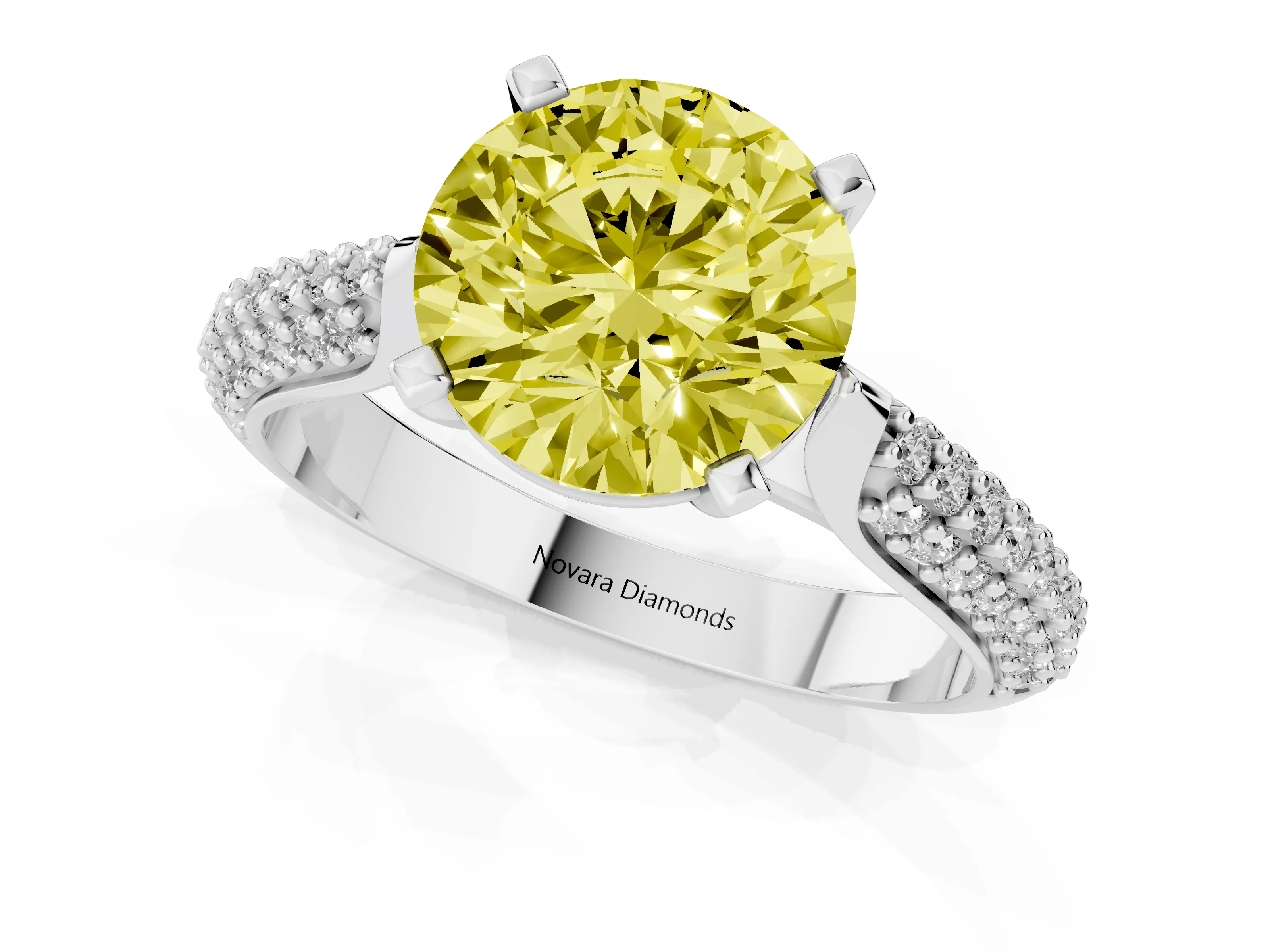 Fancy Yellow Round Cut Diamond Solitaire Engagement Ring Set in Platinum with Multi-Row Round Pavé Band and Prong Setting