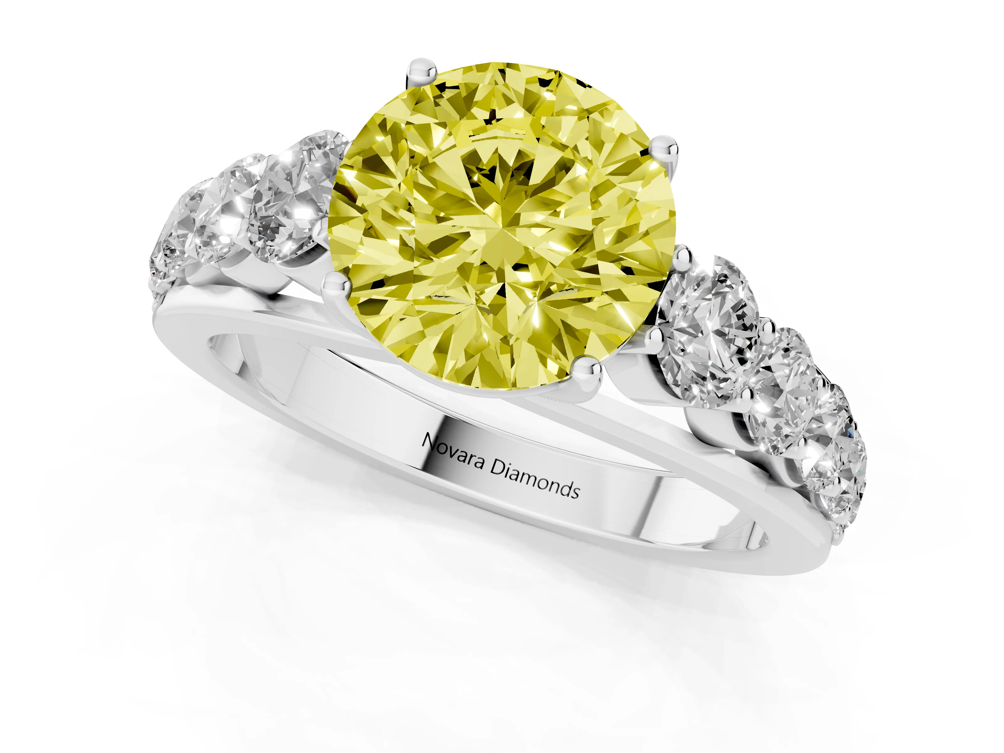 Fancy Yellow Round Cut Diamond Solitaire Ring Set in Platinum with Pavé-Set Band and Prong Setting