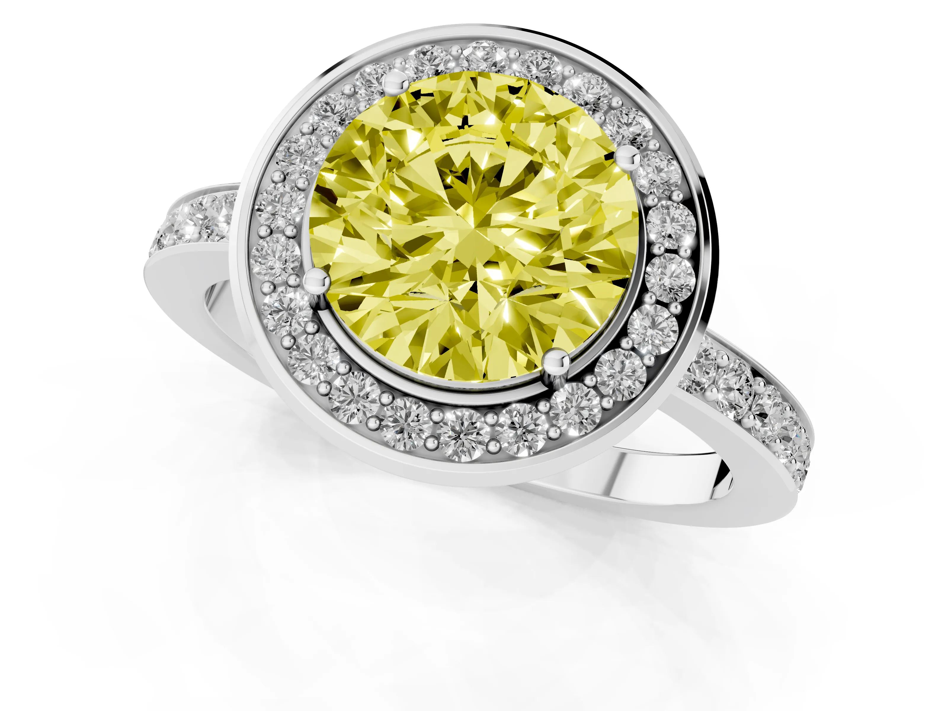 Fancy Yellow Round Cut Diamond Halo Ring Set in Silver with Bezel Frame and Pavé Band
