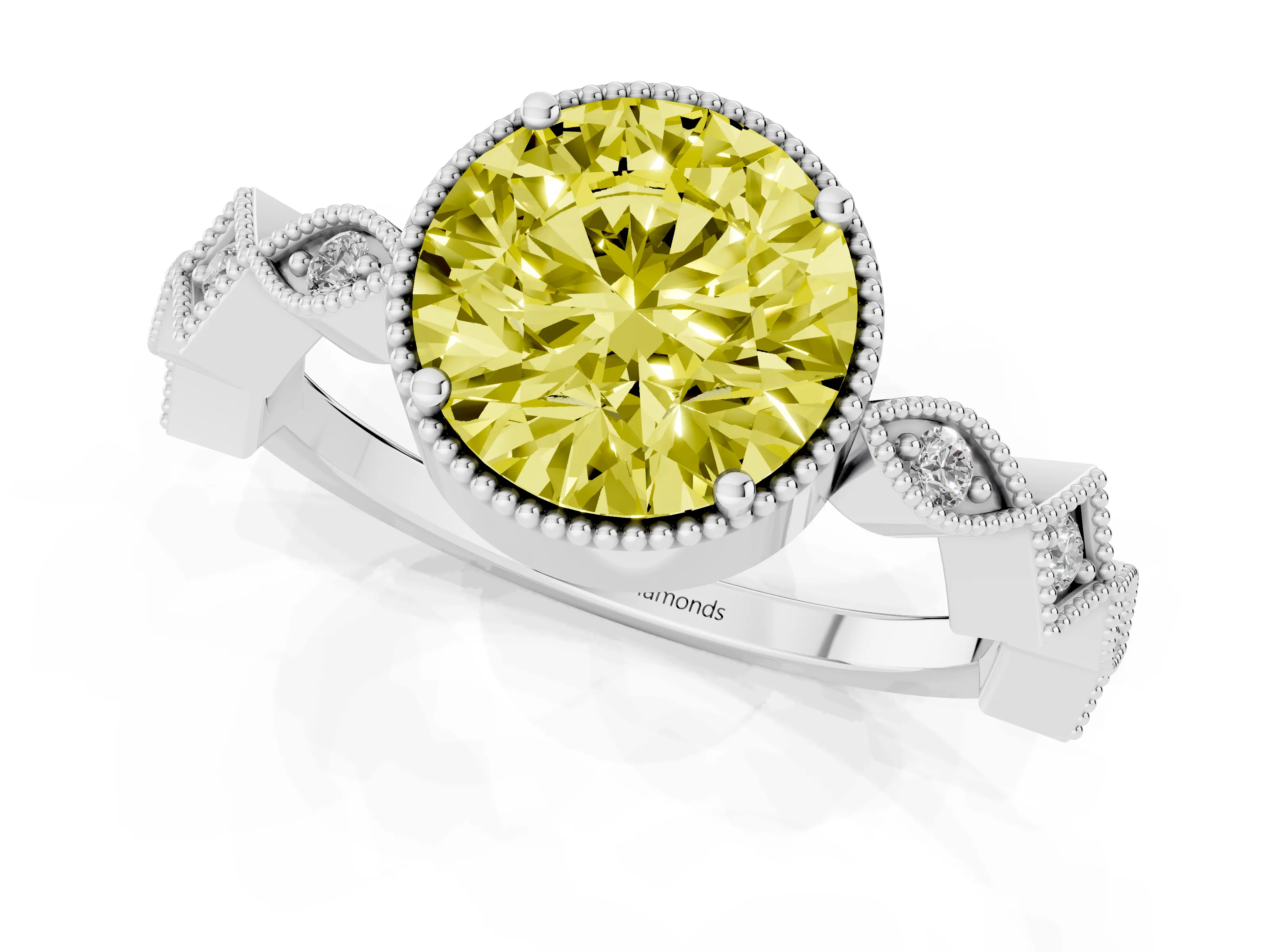 Fancy Yellow Round Cut Diamond Milgrain Marquise Twist Band Ring Set in Platinum with Prong Setting
