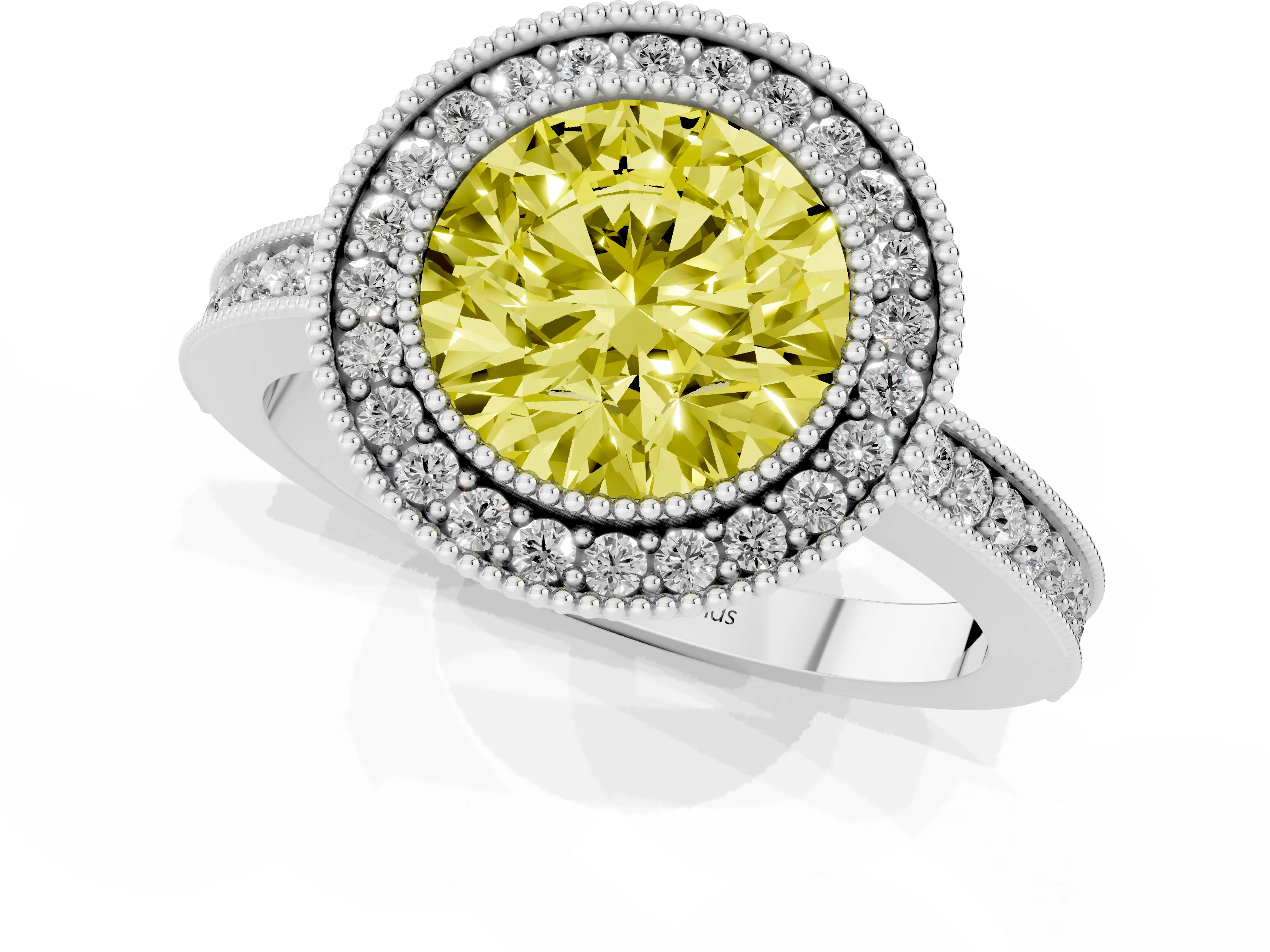 Fancy Yellow Round Cut Diamond Round Halo Ring Set in White gold with Pavé Band