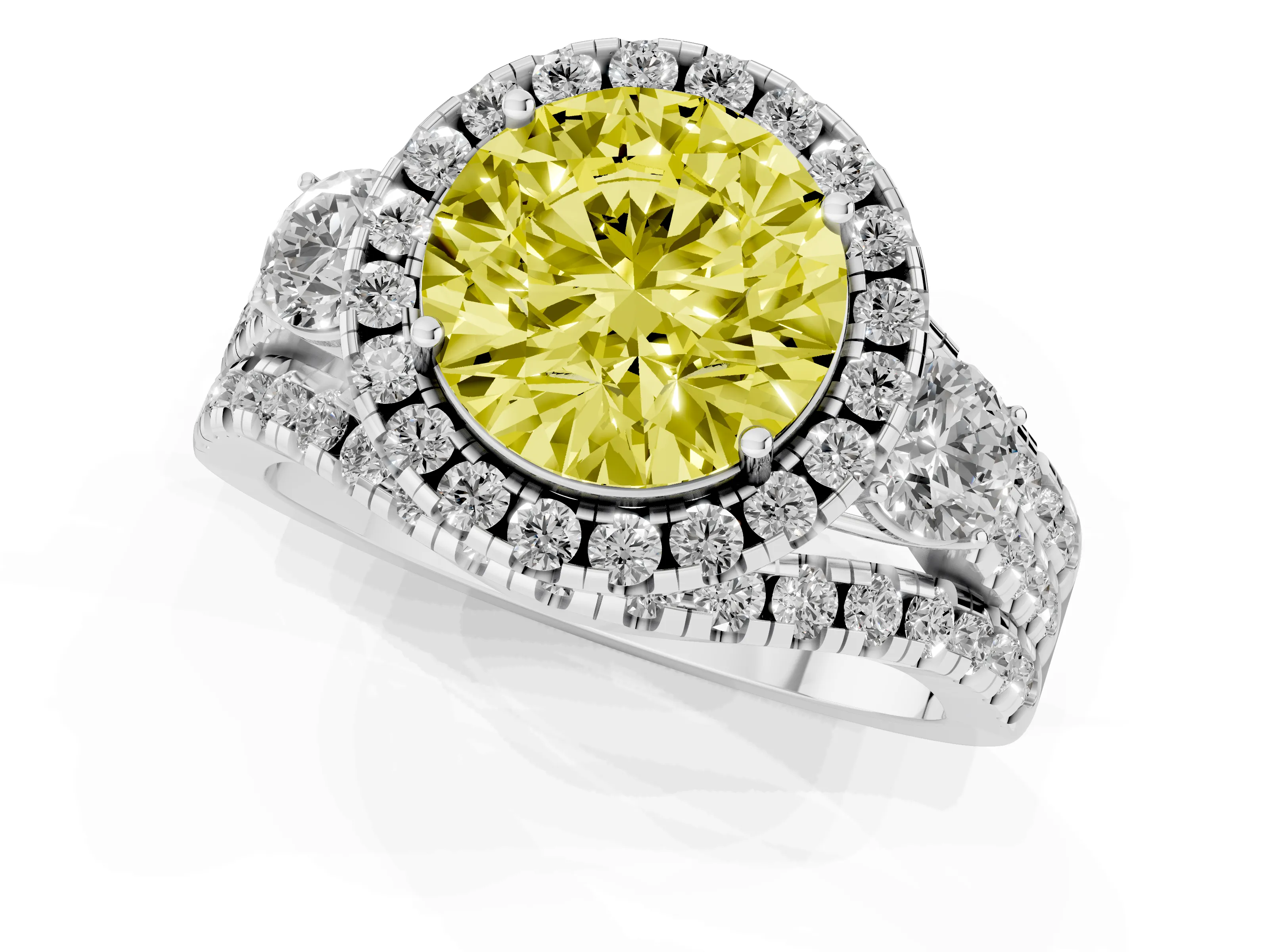 Fancy Yellow Round Cut Diamond Halo Split Shank Ring Set in White gold with Round Accent Stones and Prong Setting
