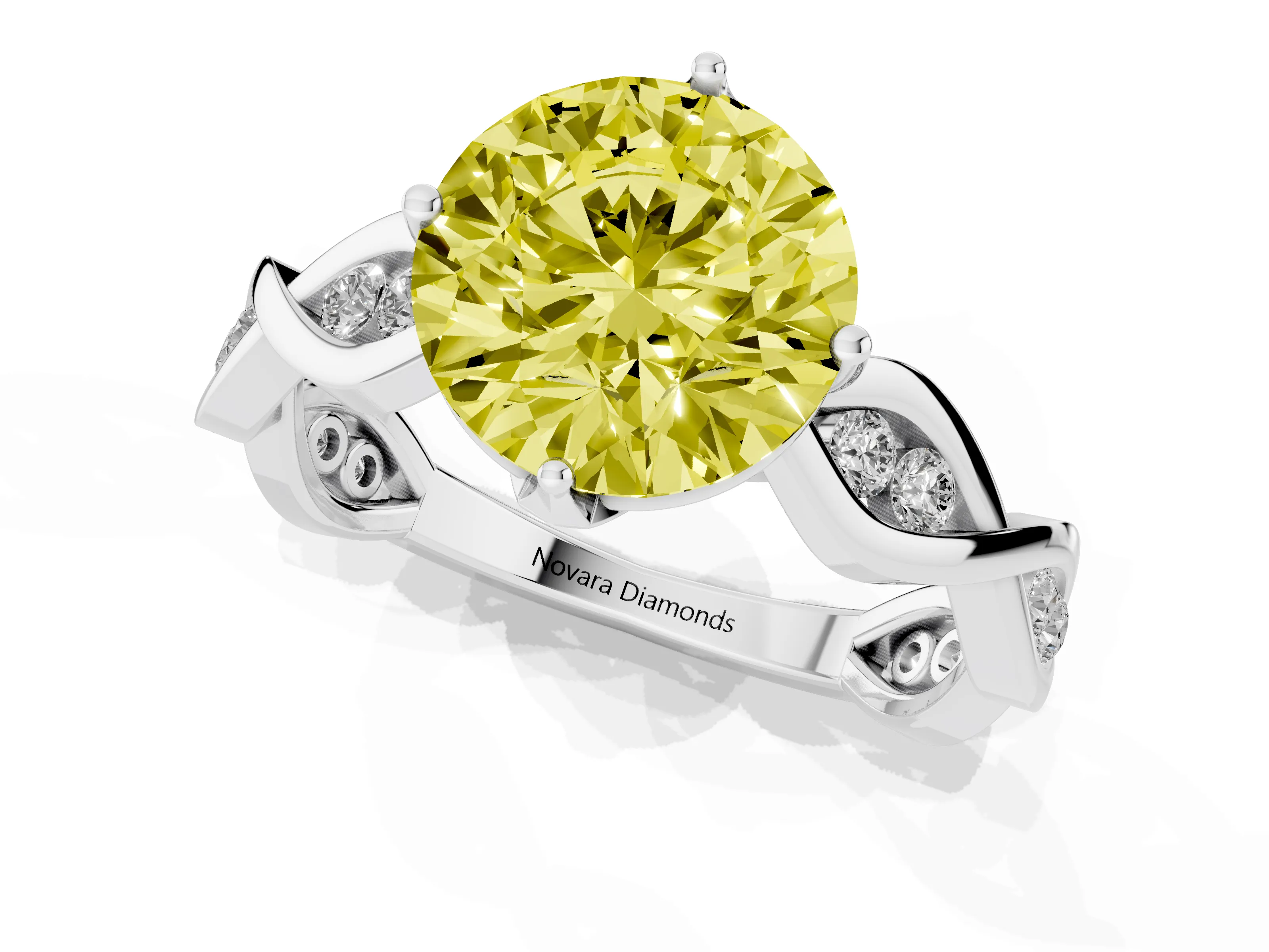 Fancy Yellow Round Cut Diamond Twist Band Solitaire Ring Set in Platinum with Leaf Prong Setting and Accent Stones