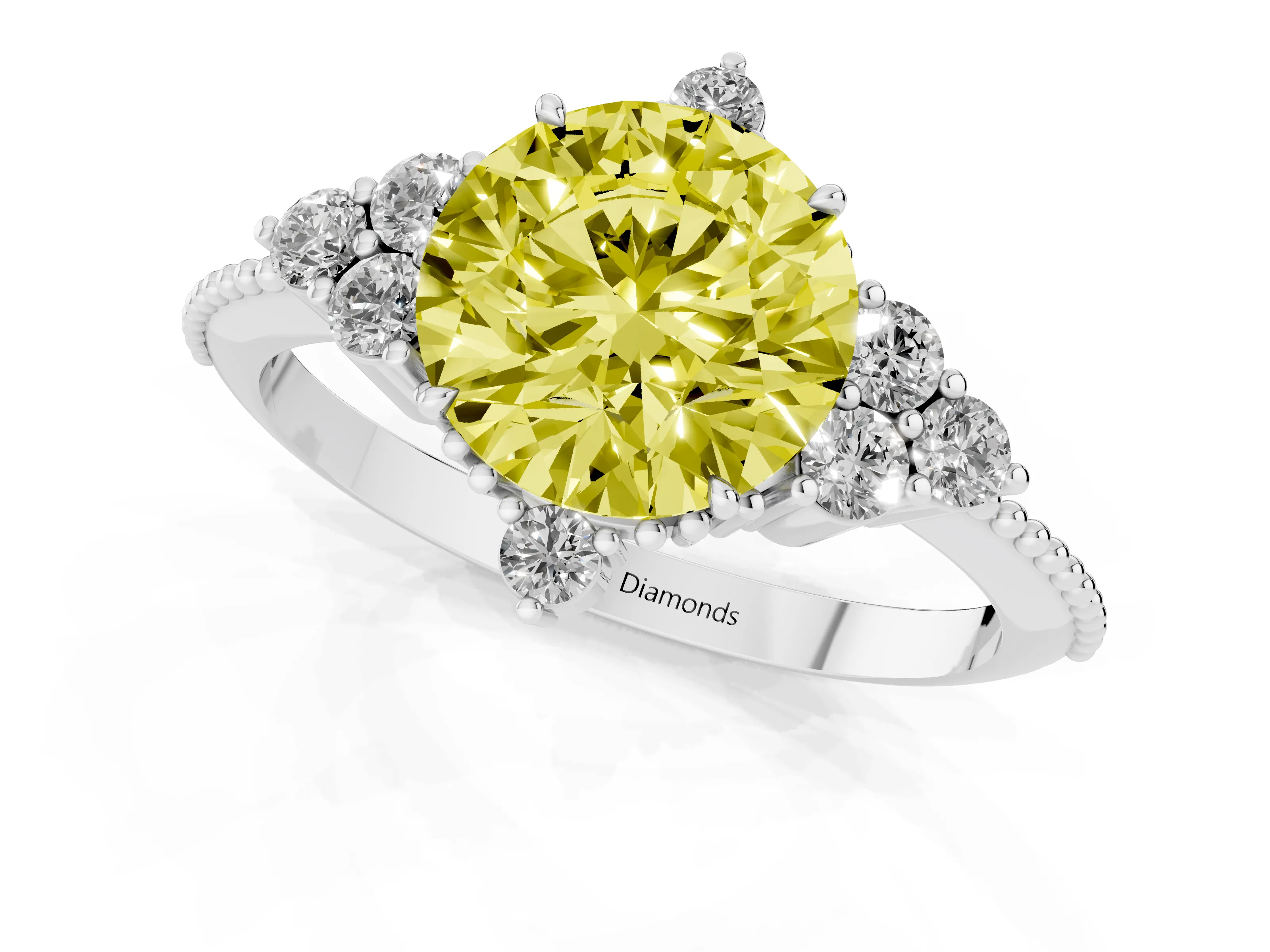 Fancy Yellow Round Cut Diamond Cluster Ring Set in Silver with Beaded Band