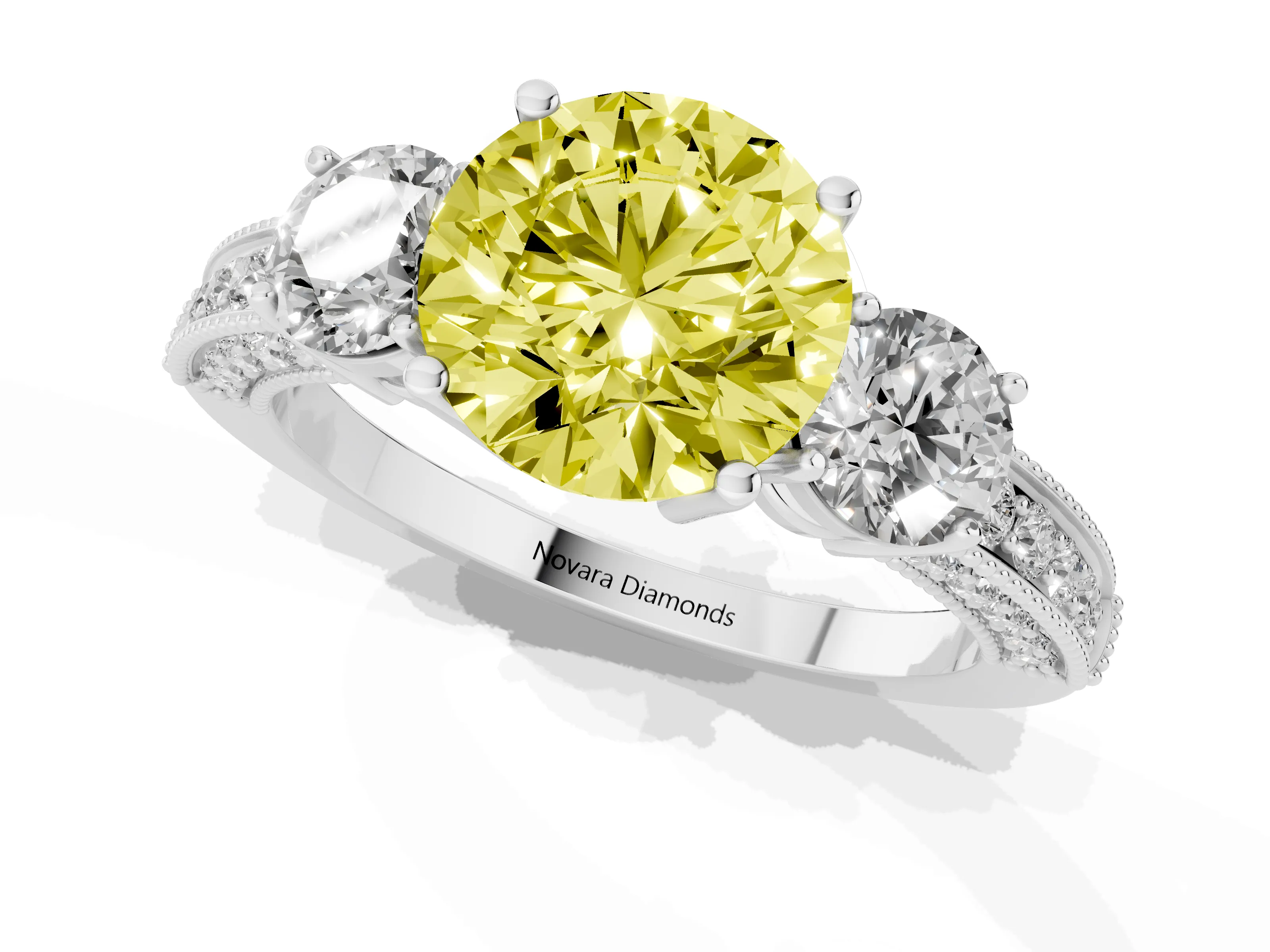 Fancy Yellow Round Cut Diamond Three-Stone Ring Set in Platinum with Round Side Stones and Pavé Band