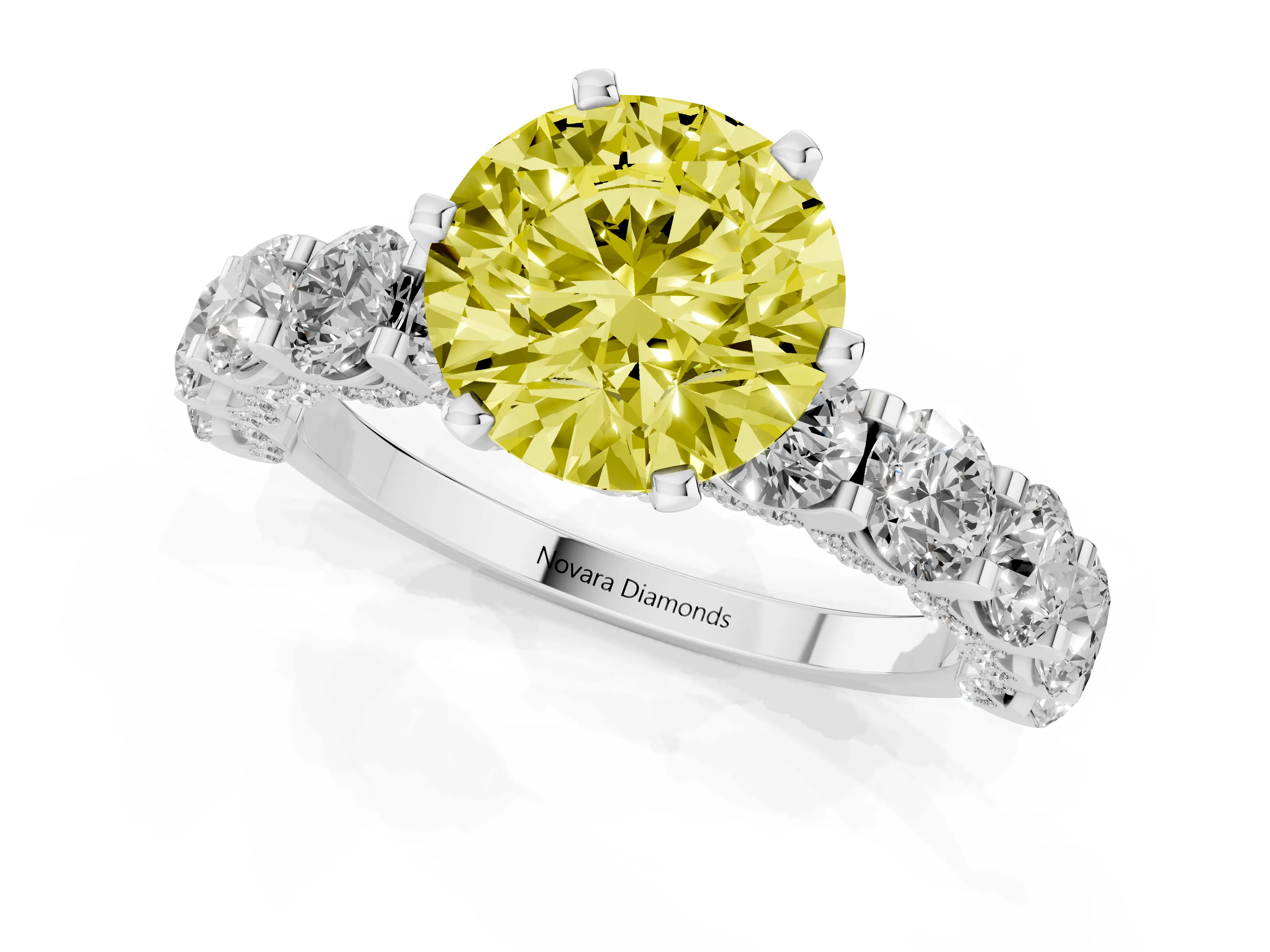 Fancy Yellow Round Cut Diamond Side Stone Ring Set in Platinum with Alternating Round and Oval Side Stones