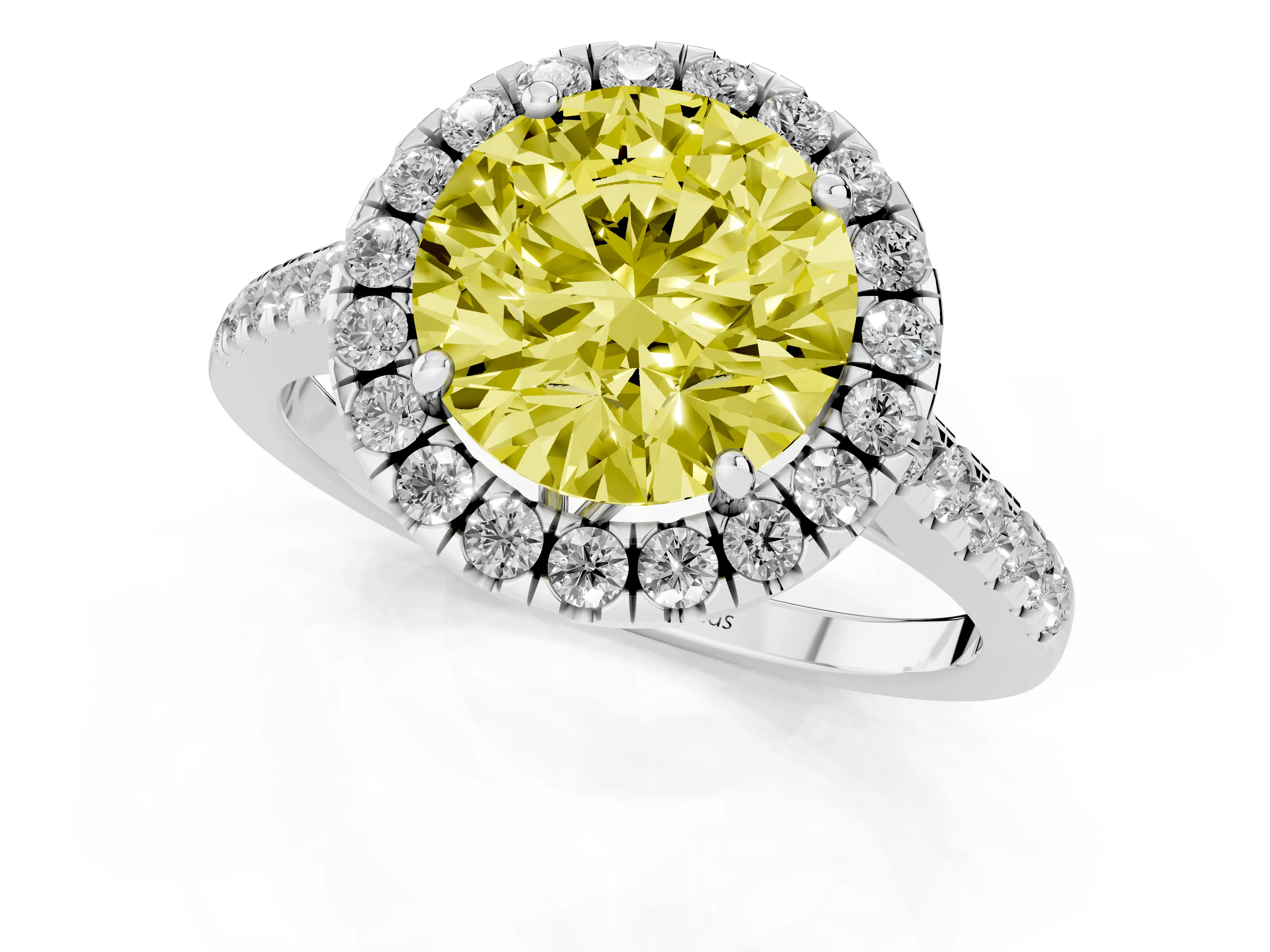 Fancy Yellow Round Cut Diamond Pavé Halo Engagement Ring Set in Platinum with Pavé Band and Prong Setting