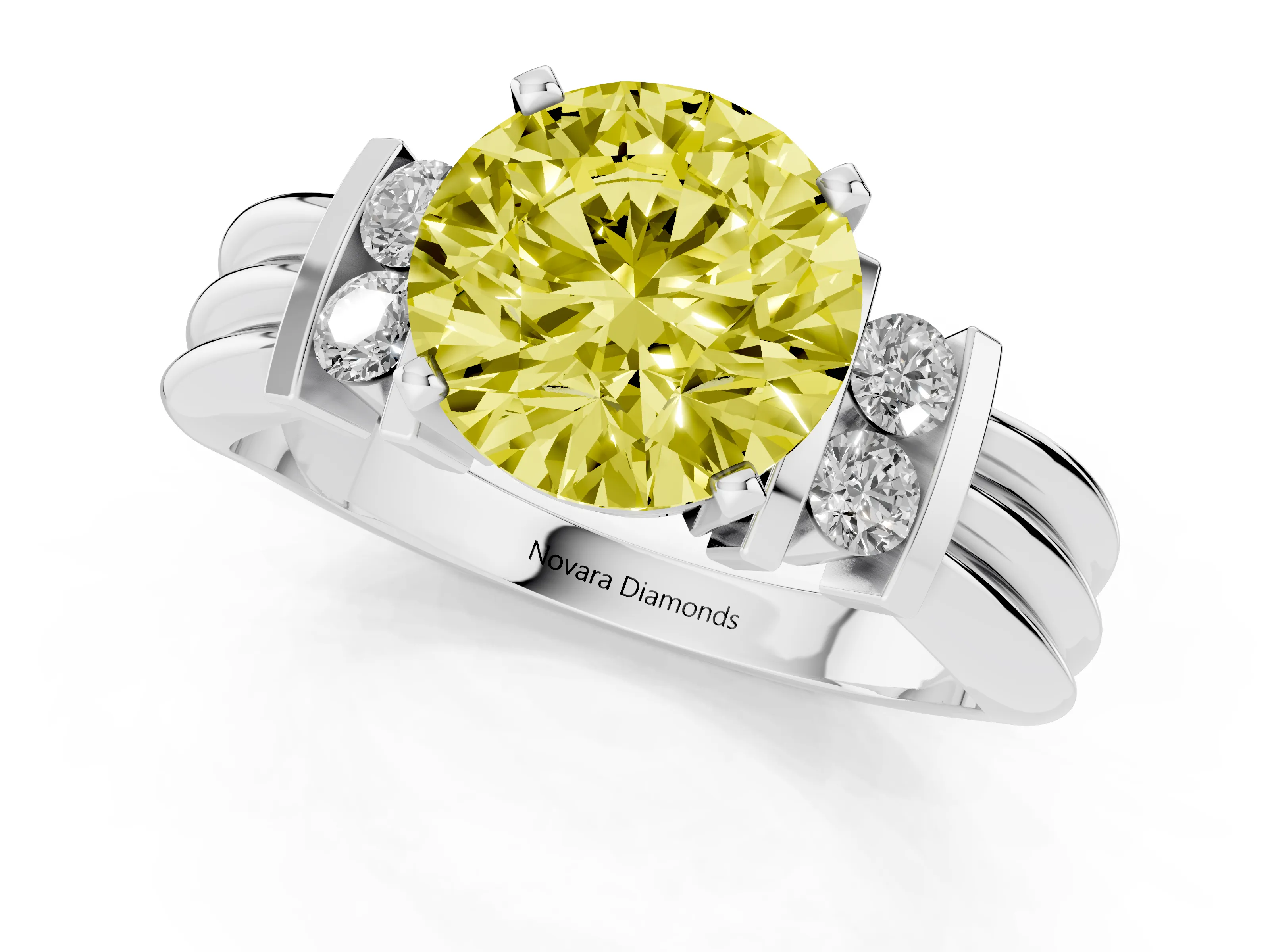 Fancy Yellow Three-Stone Round Cut Diamond Channel Set Ring Set in Silver with Bar Prongs