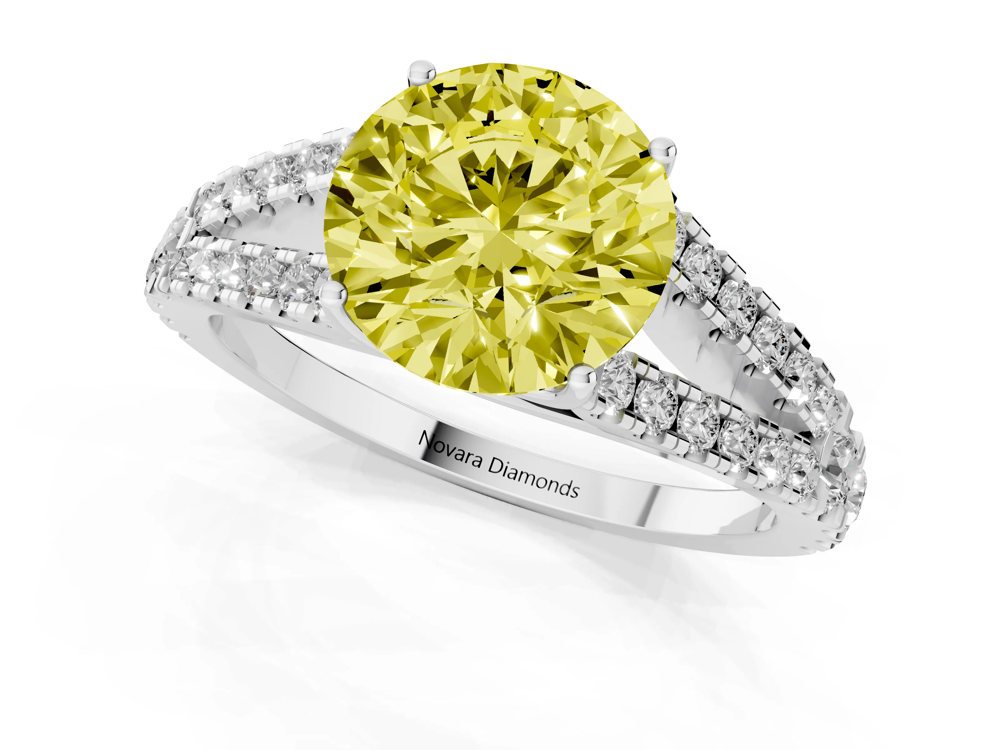 Fancy Yellow Round Cut Diamond Split Shank Pavé Engagement Ring Set in Platinum with Prong-Held Center Stone – second view