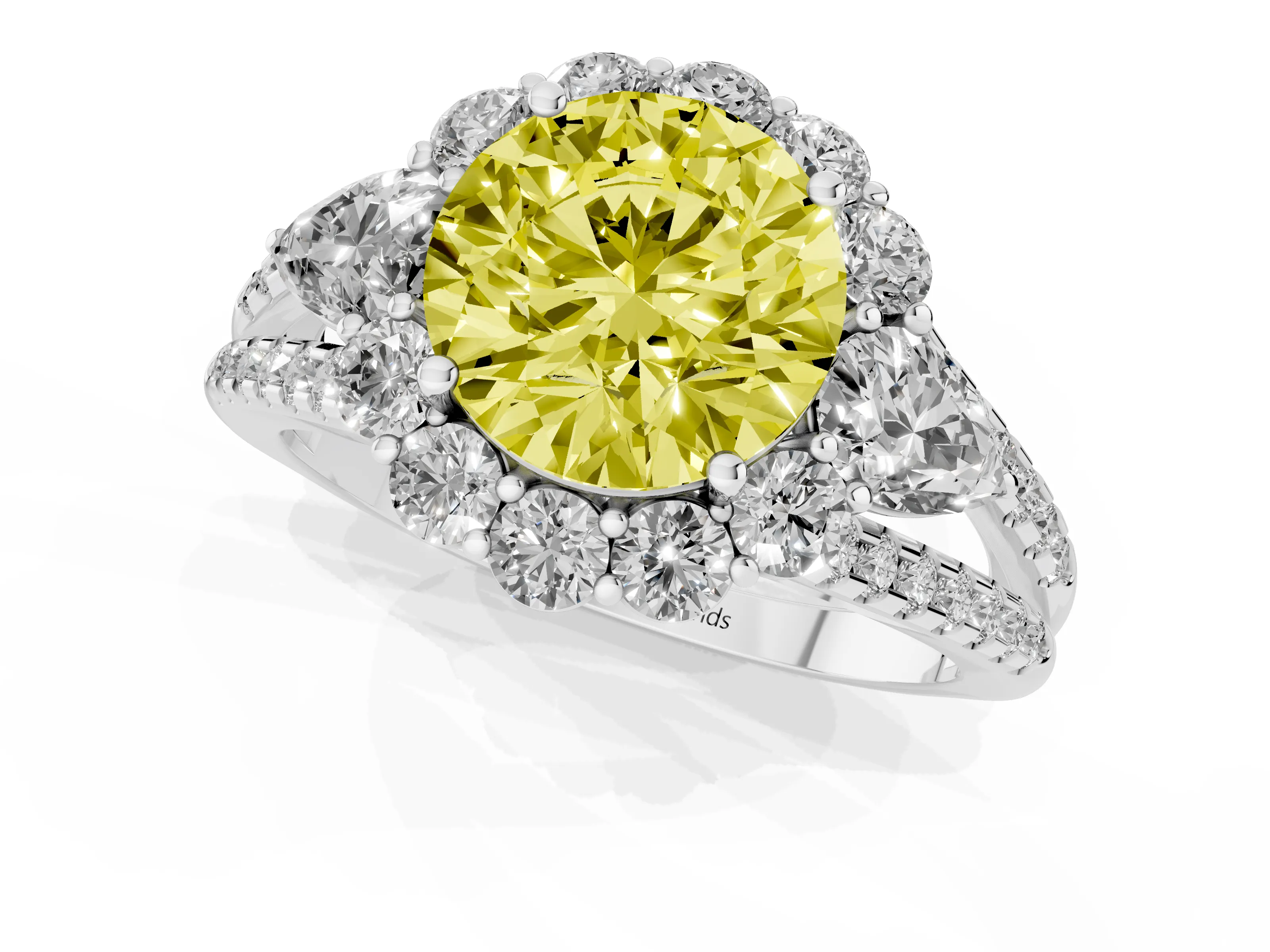 Fancy Yellow Round Cut Diamond Halo Split Shank Engagement Ring Set in White gold with Prong-Held Center Stone