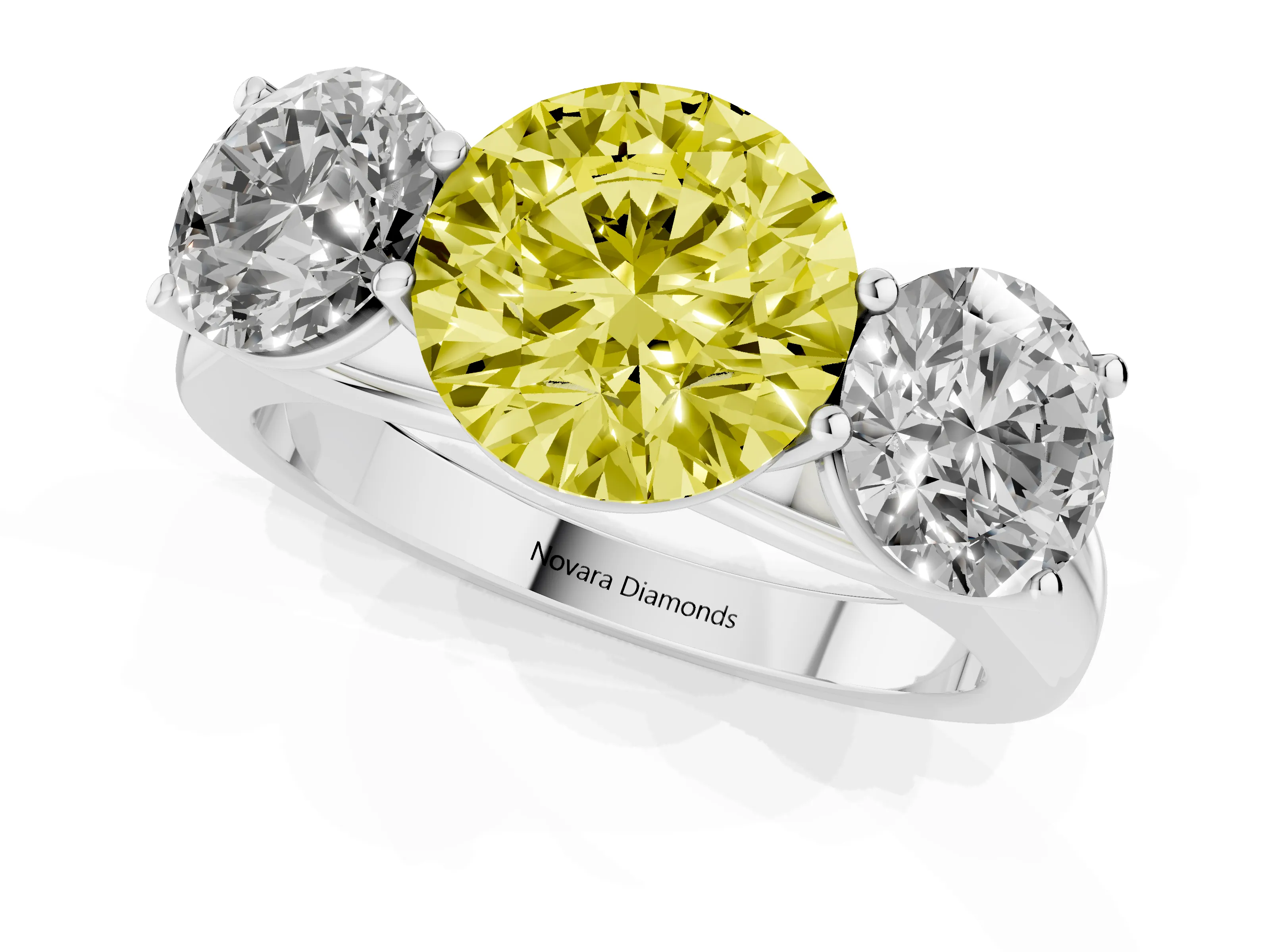 Fancy Yellow Round Cut Diamond Three-Stone Ring Set in Silver with Plain Polished Band