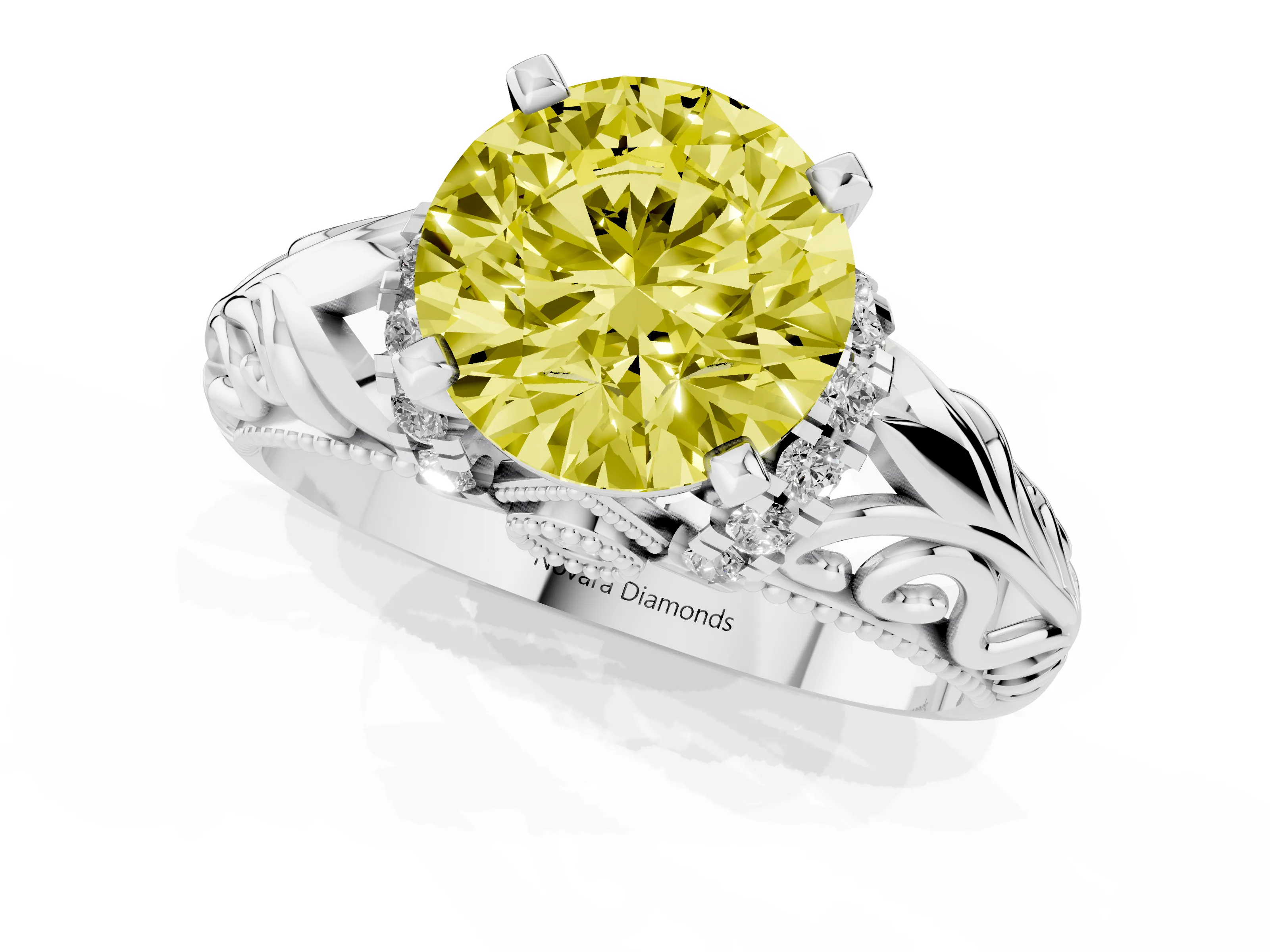 Fancy Yellow Round Cut Diamond Filigree Halo Engagement Ring Set in Platinum with Prong Setting