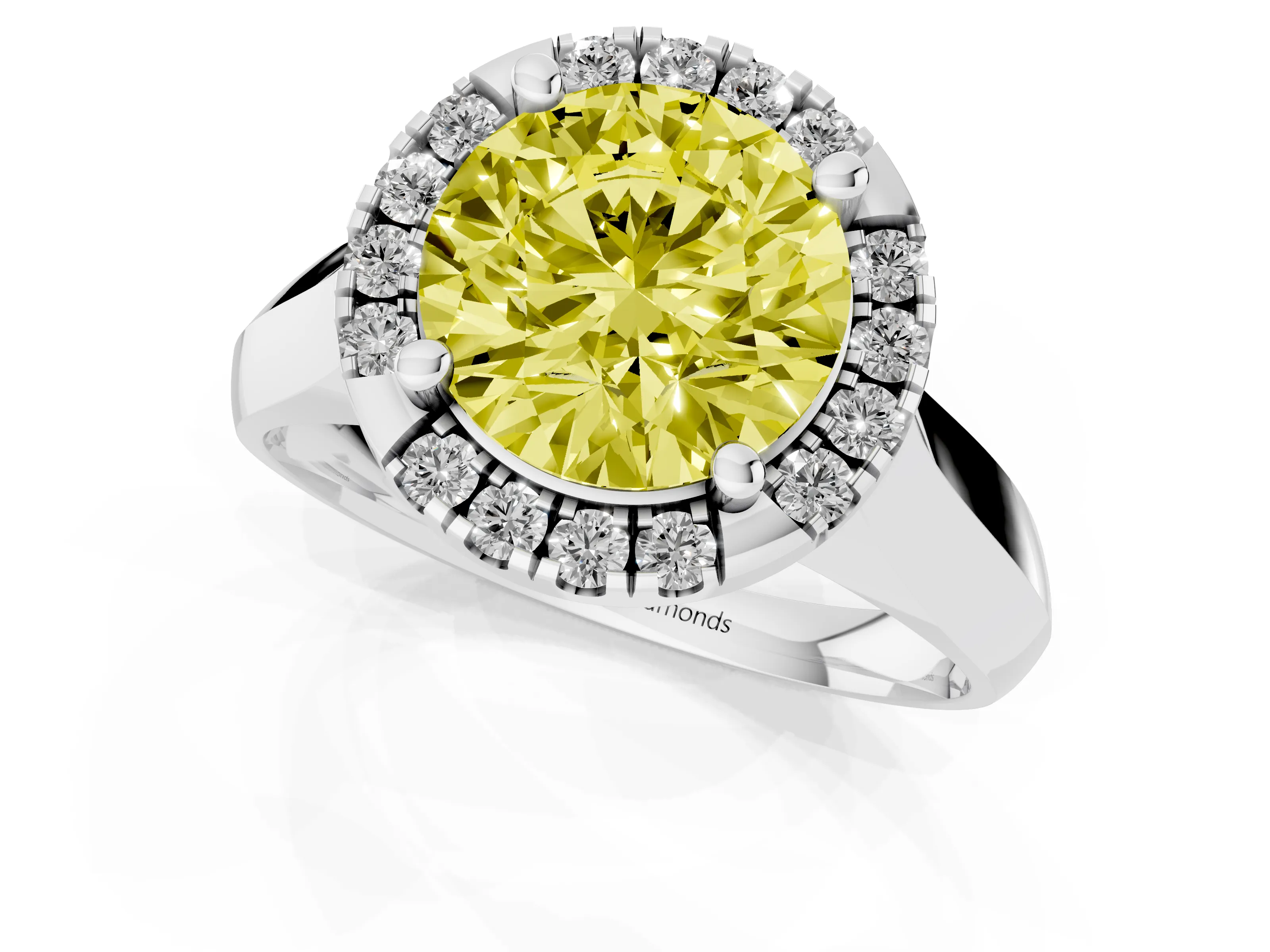 Fancy Yellow Round Cut Diamond Halo Solitaire Engagement Ring Set in Platinum with Square Band and Prong Setting
