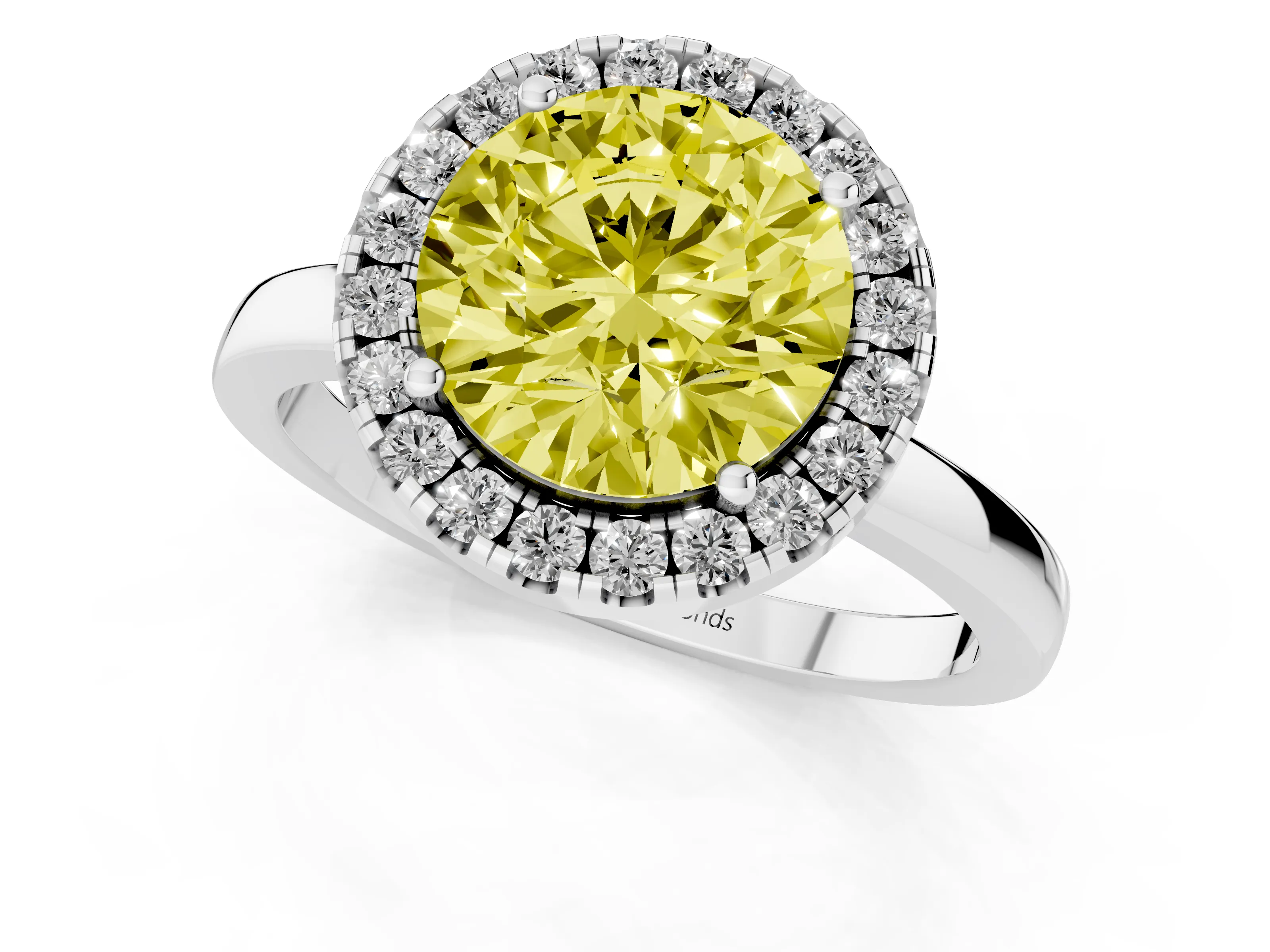 Fancy Yellow Round Cut Diamond Halo Solitaire Ring Set in White gold with Pavé Band and Prong Setting