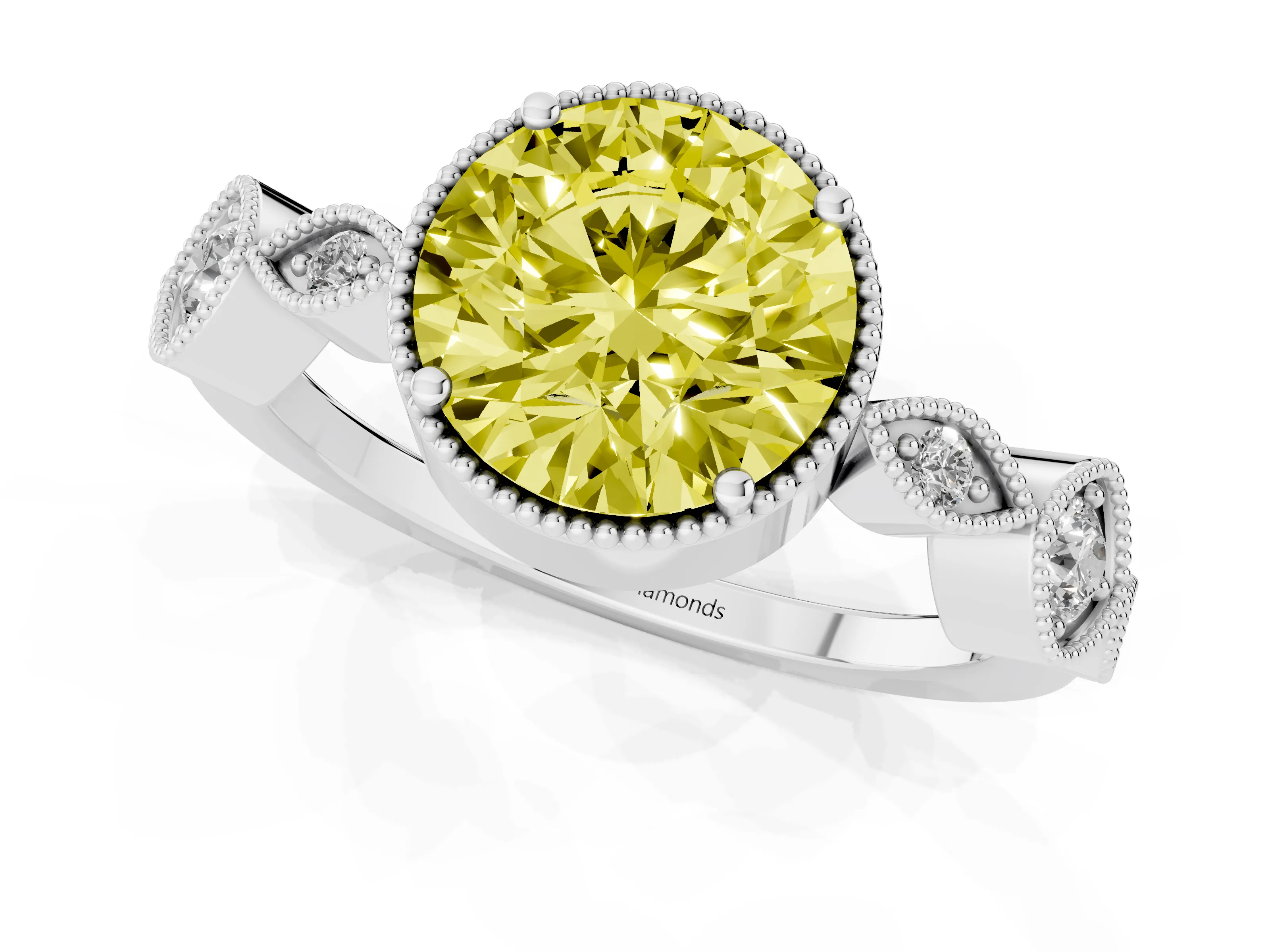 Fancy Yellow Round Cut Diamond Vintage-Inspired Milgrain Ring Set in Platinum with Marquise Stations of Round Accents