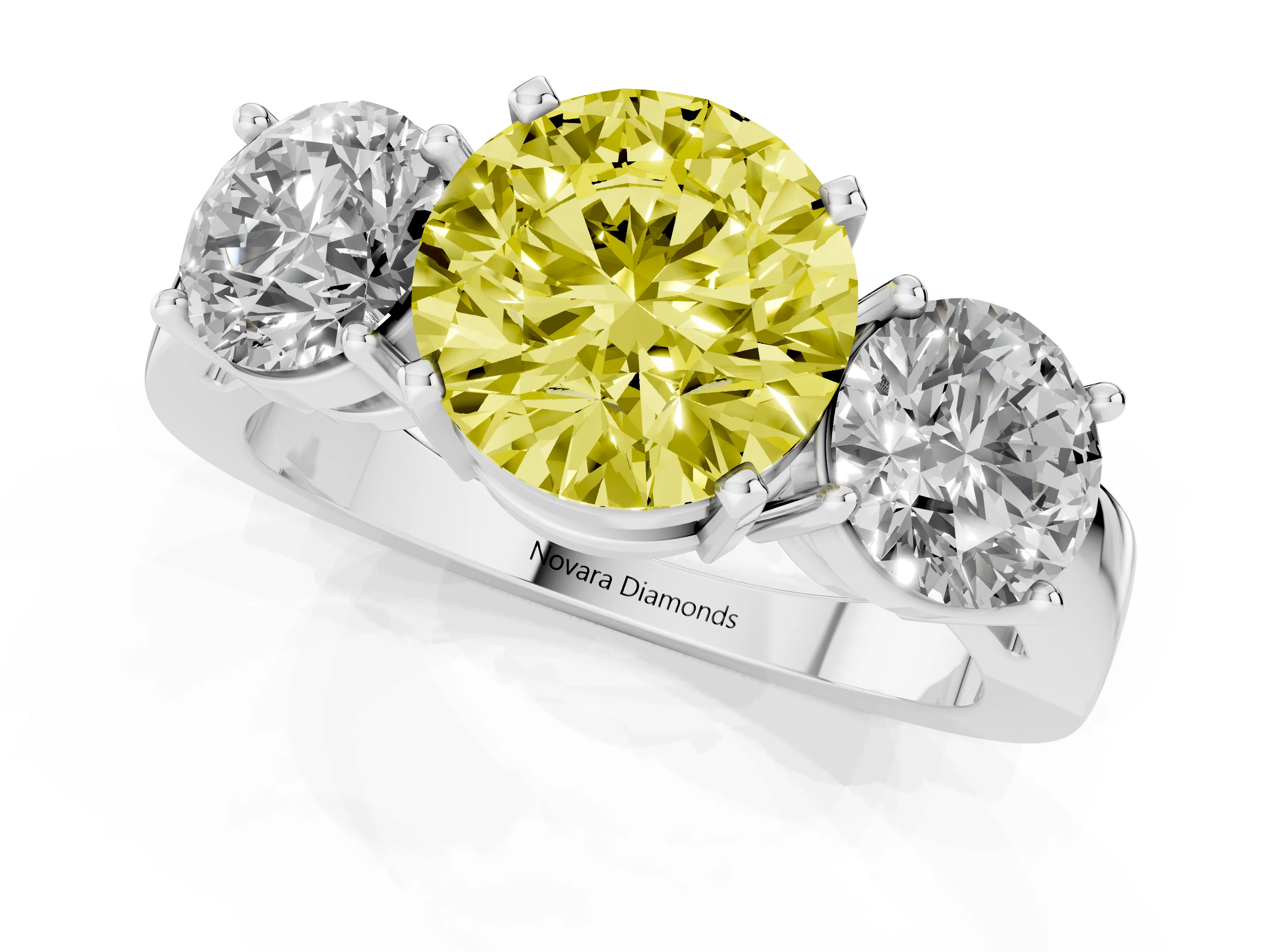 Fancy Yellow Round Cut Diamond Three-Stone Ring Set in Silver with Round Side Stones and Classic Band
