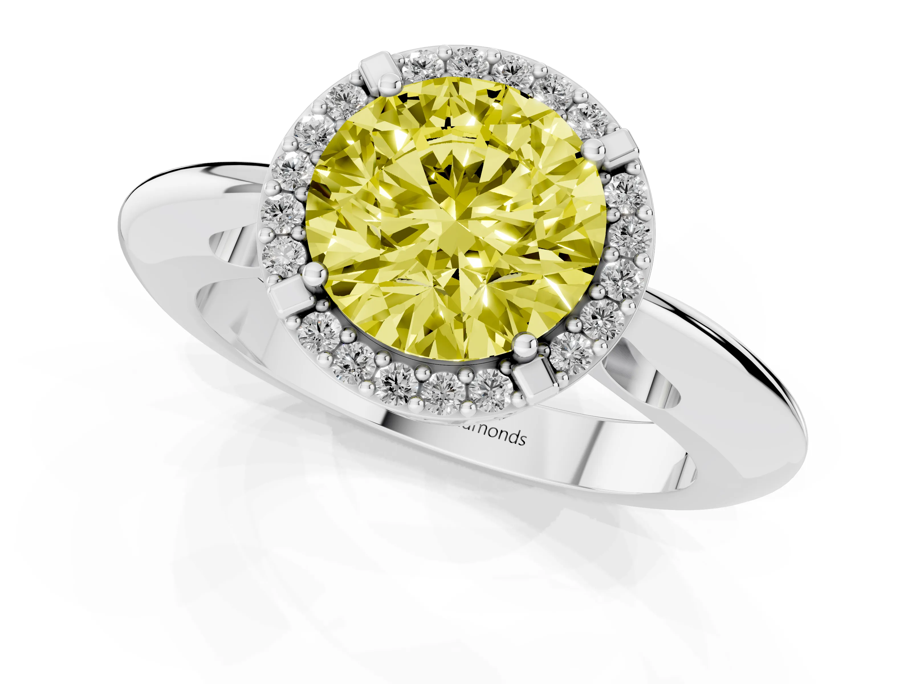 Fancy Yellow Round Cut Diamond Halo Engagement Ring Set in White gold with Plain Split Shank and Prong Setting