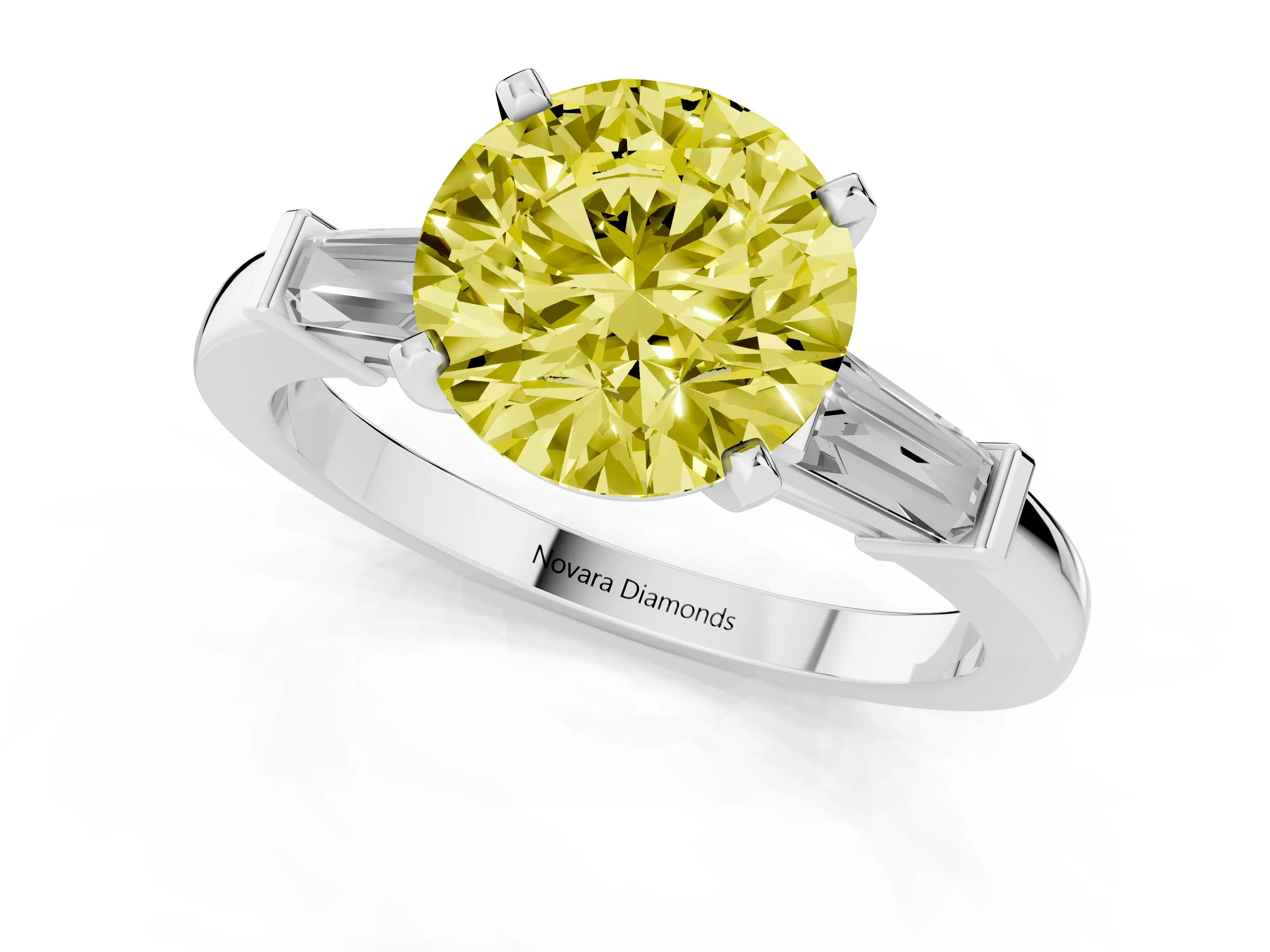Fancy Yellow Round Cut Diamond Solitaire Ring Set in Platinum with Tapered Baguette Accents and Prong Setting