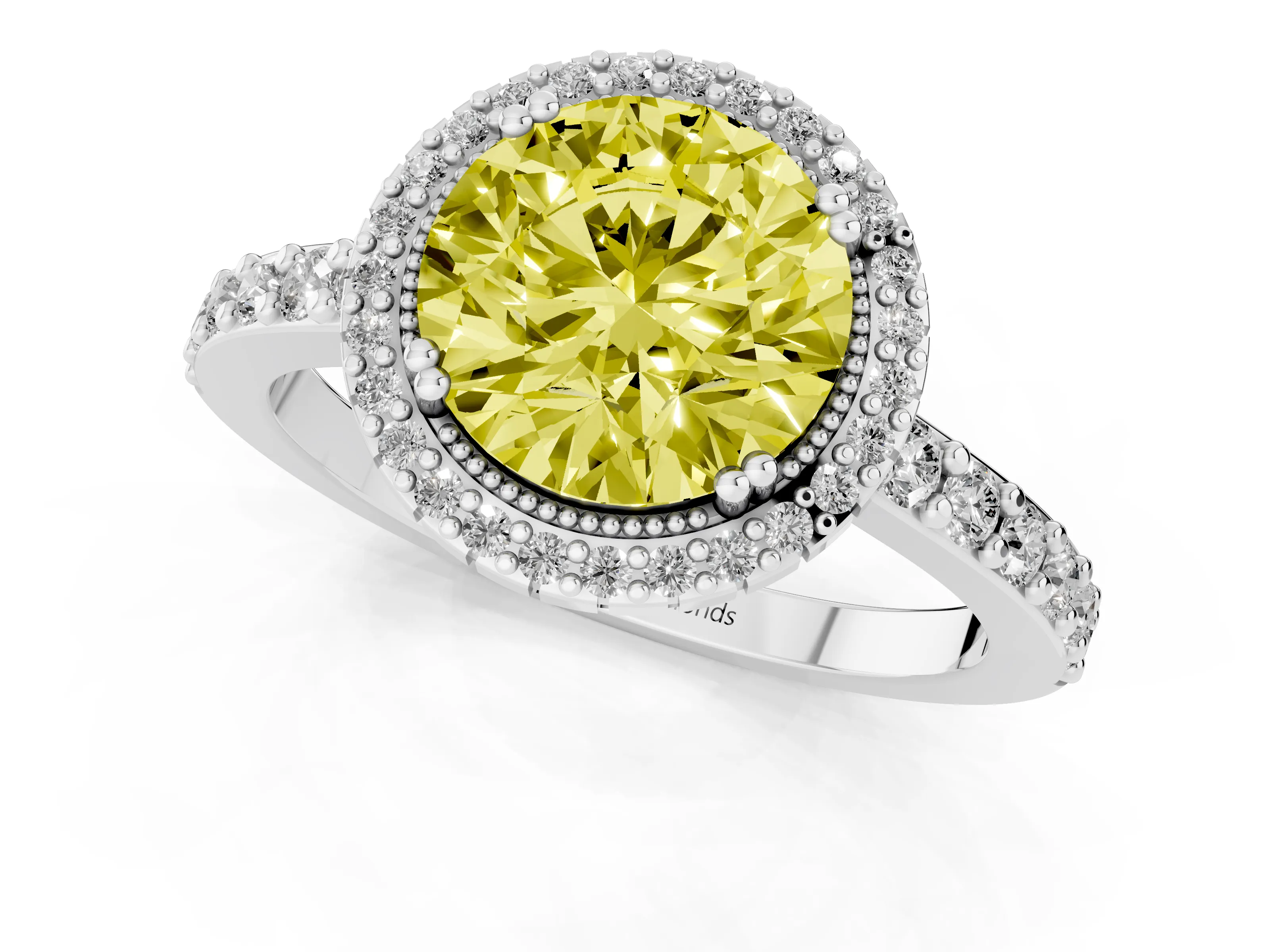 Fancy Yellow Round Cut Diamond Halo Engagement Ring Set in White gold with Milgrain Detail and Pavé Band