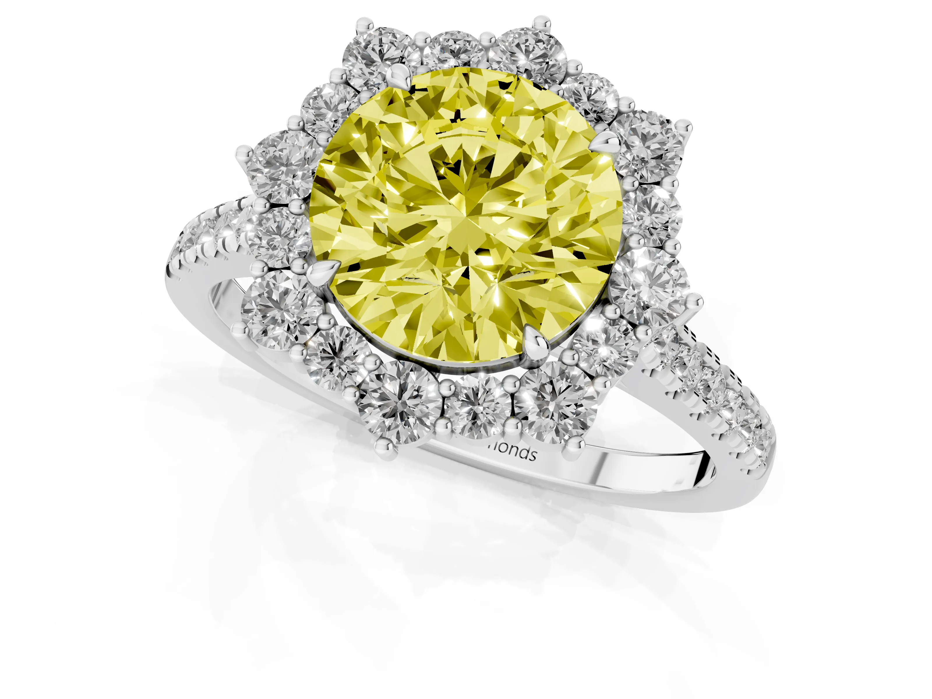 Fancy Yellow Round Cut Diamond Halo Ring Set in Silver with Pavé Band and Prong Setting