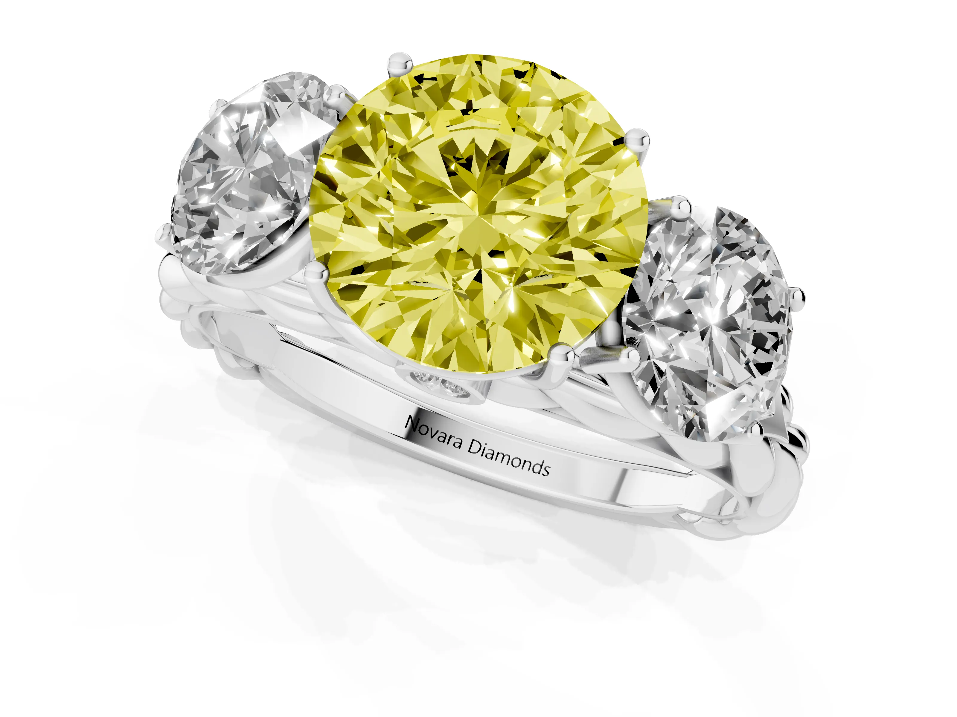 Fancy Yellow Round Cut Diamond Three-Stone Ring Set in Silver with Braided Band