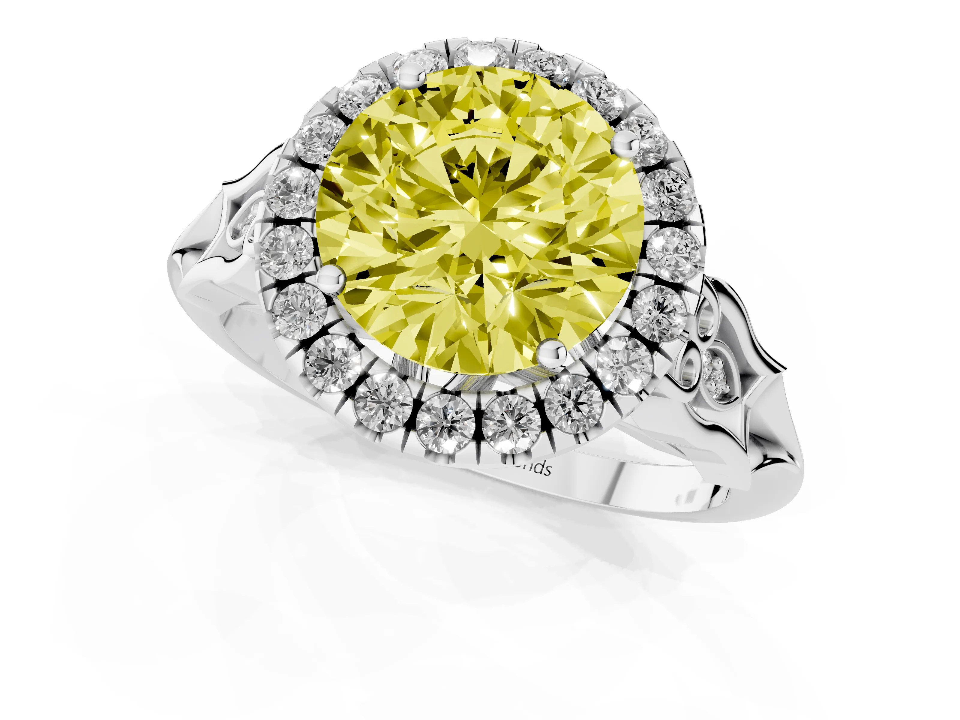 Fancy Yellow Round Cut Diamond Halo Engagement Ring Set in White gold with Filigree Band and Prong-Set Center