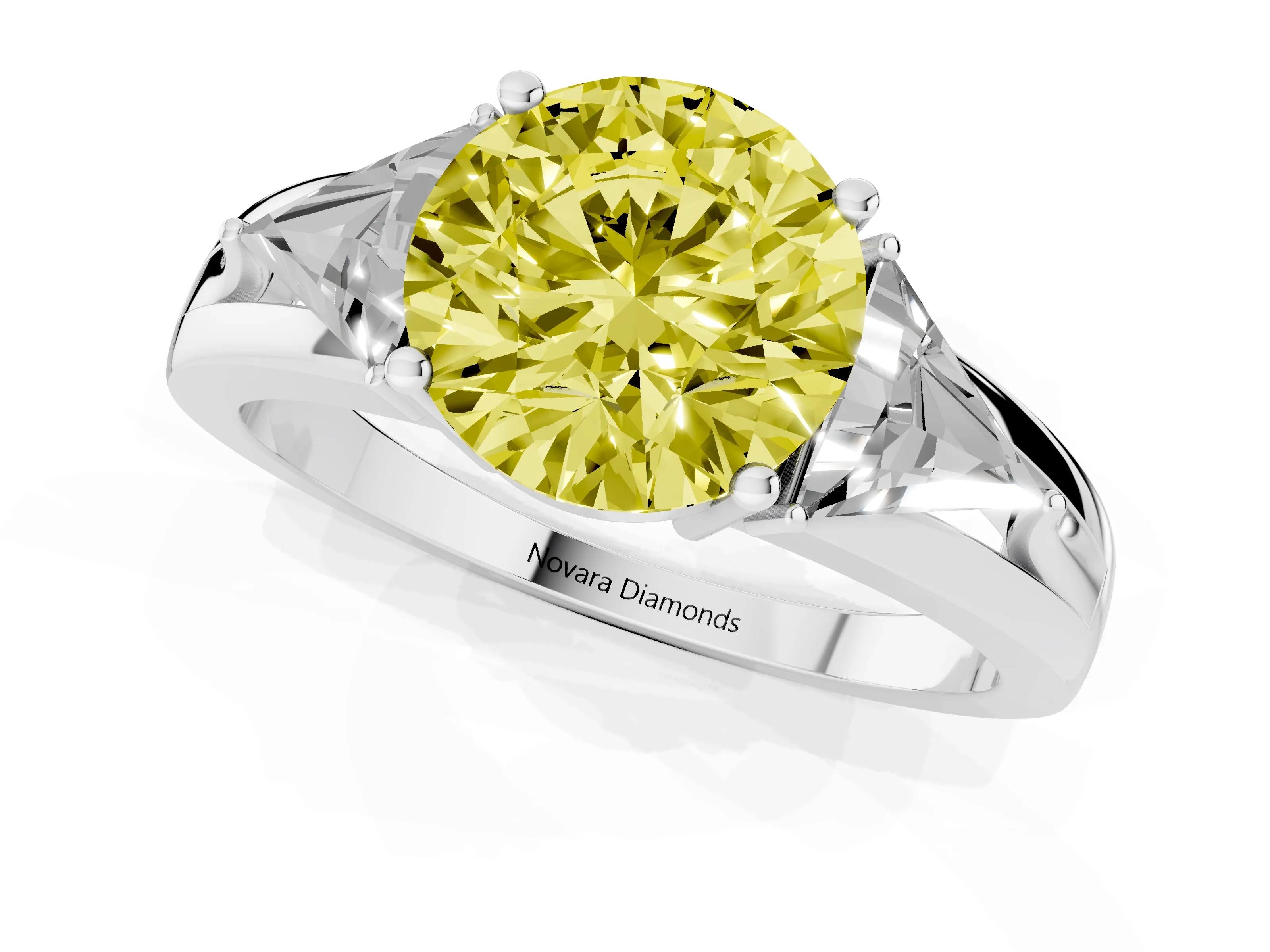 Fancy Yellow Round Cut Diamond Three-Stone Ring Set in Silver with Trillion Side Stones and Split Shank