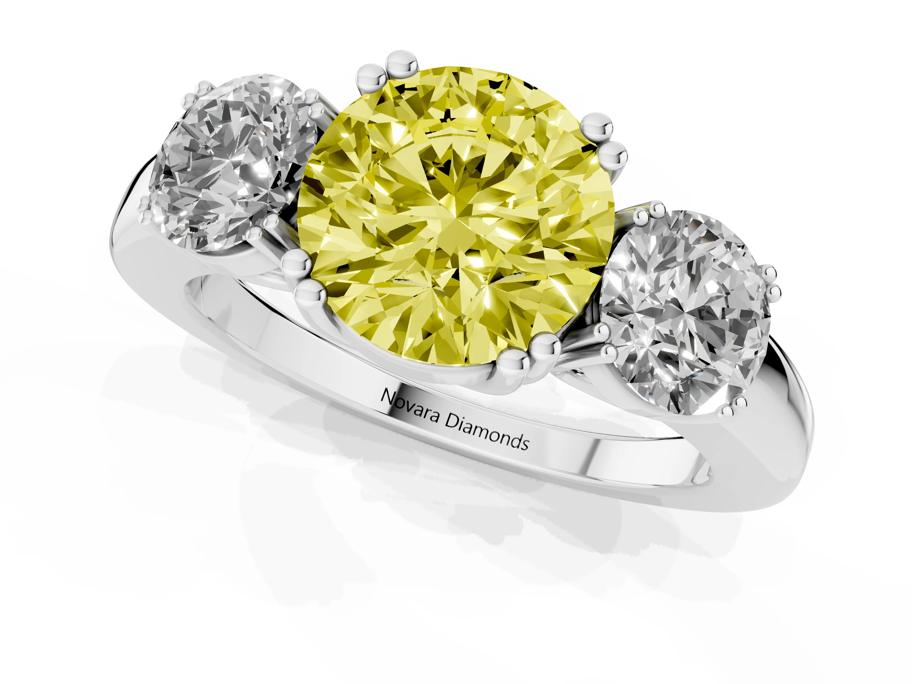 Fancy Yellow Round Cut Diamond Three-Stone Ring Set in White gold with Polished Channel-Set Band