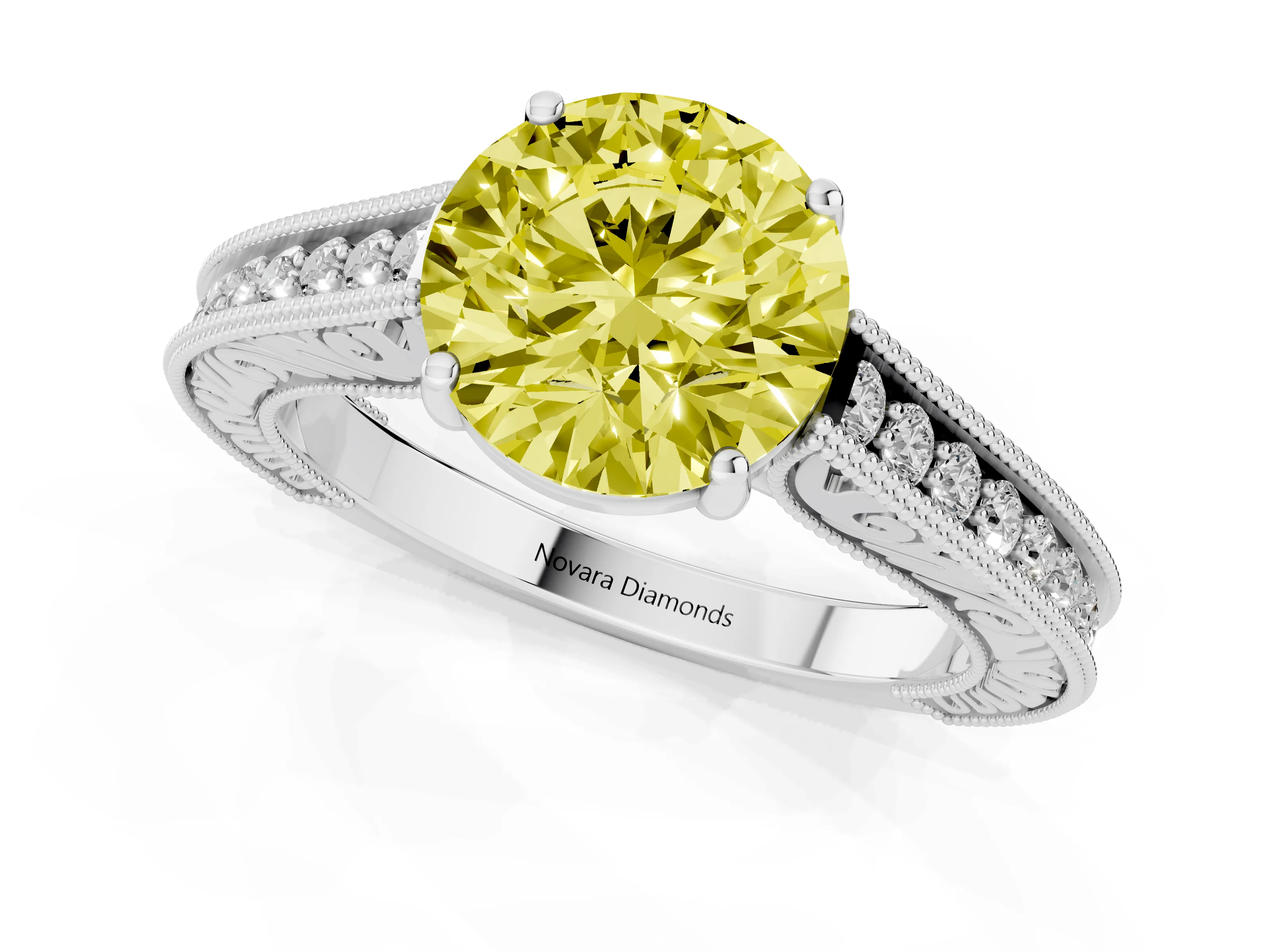 Fancy Yellow Round Cut Diamond Milgrain Pavé Band Solitaire Ring Set in Silver with Prong Setting