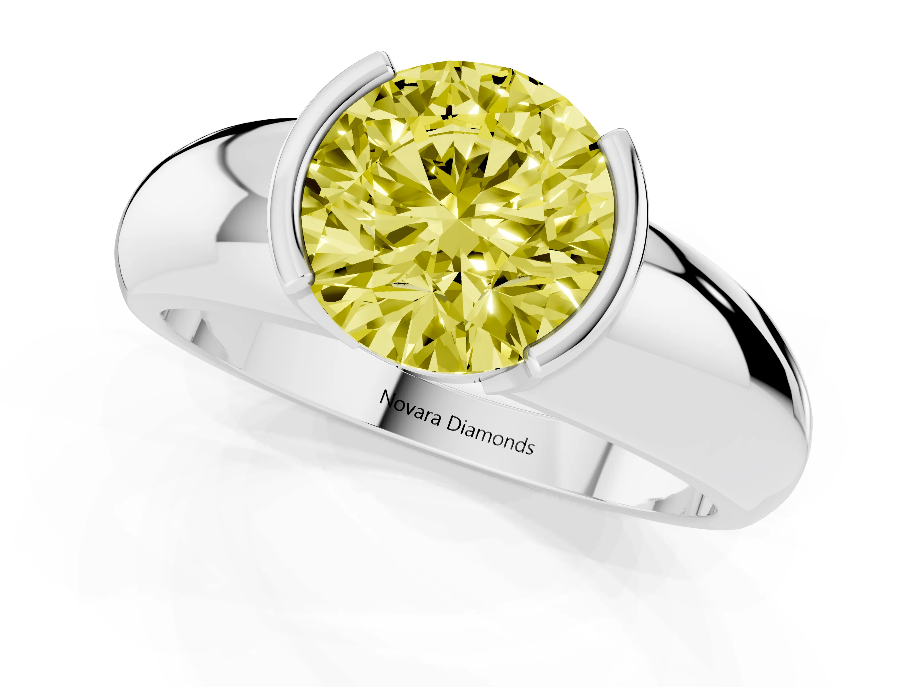 Fancy Yellow Round Cut Diamond Solitaire Tension Set Ring Set in Platinum with Wide Band