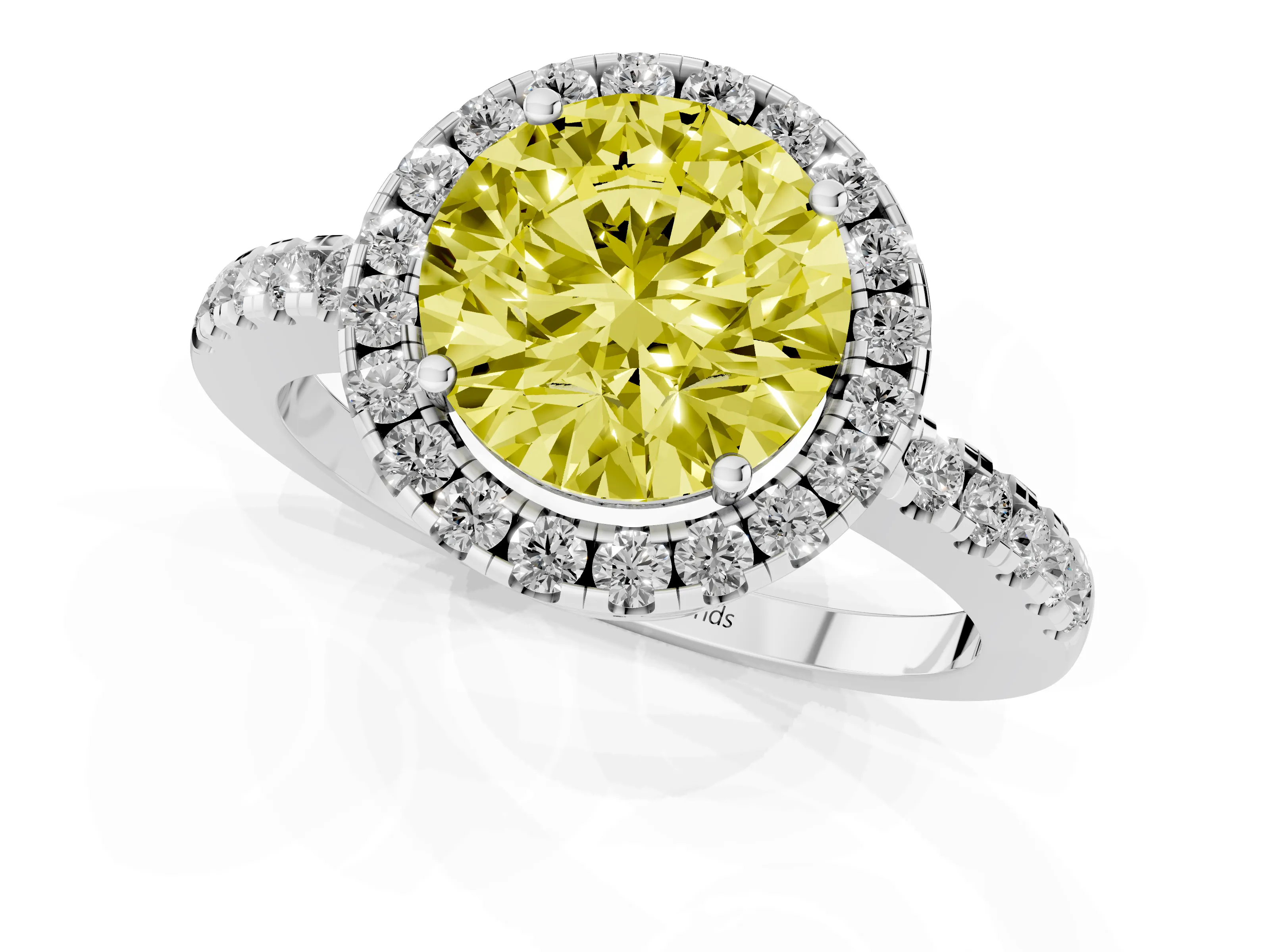 Fancy Yellow Round Cut Diamond Pavé Band Halo Engagement Ring Set in White gold with Prong Setting