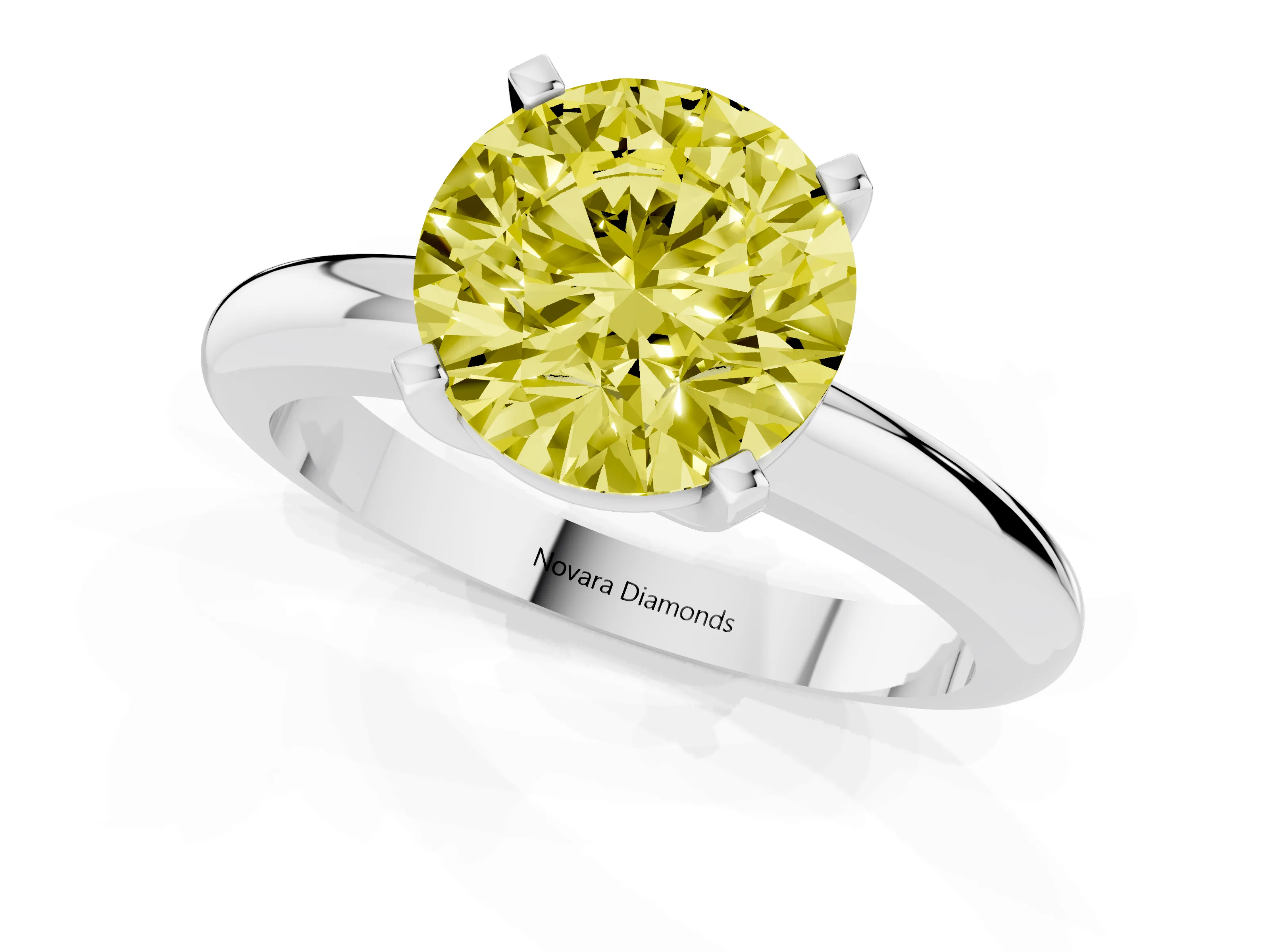 Fancy Yellow Round Cut Diamond Solitaire Engagement Ring Set in White gold with Round Band and Prong Setting