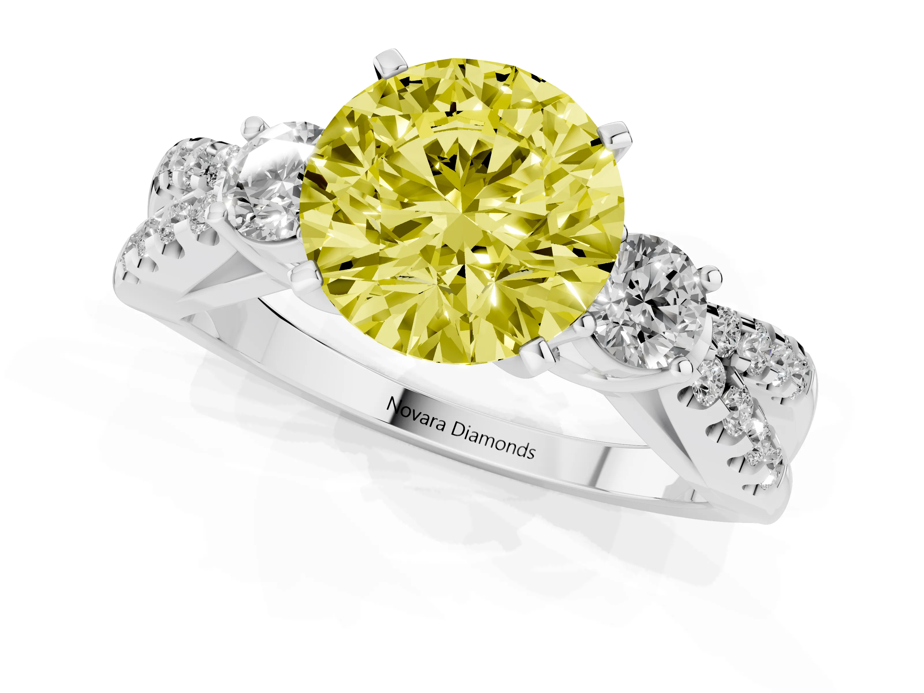 Fancy Yellow Round Cut Diamond Three-Stone Ring Set in White gold with Pavé Split Shank and Prong Setting