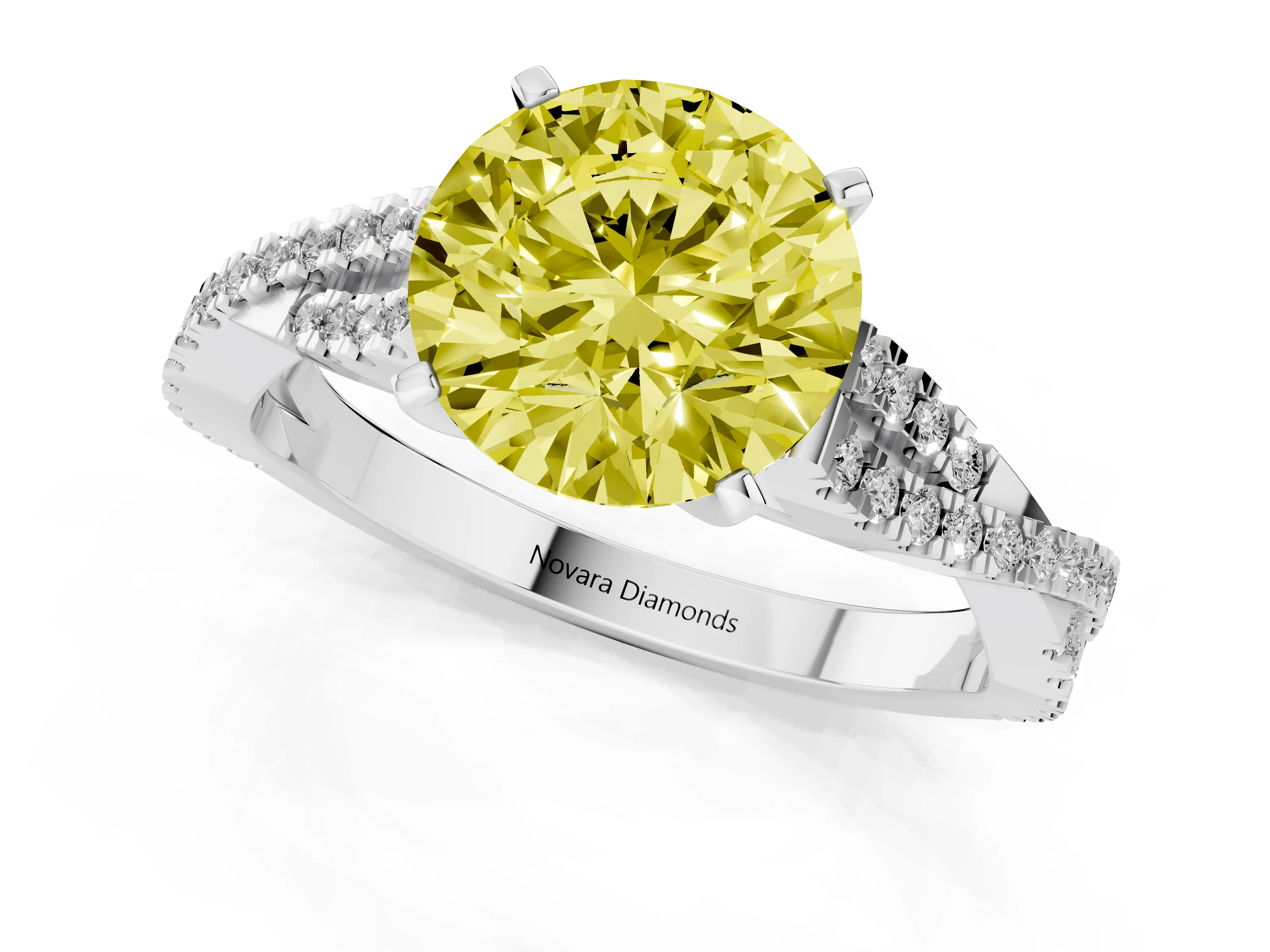 Fancy Yellow Round Cut Diamond Solitaire Engagement Ring Set in White gold with Twisted Pavé Band and Prong Setting