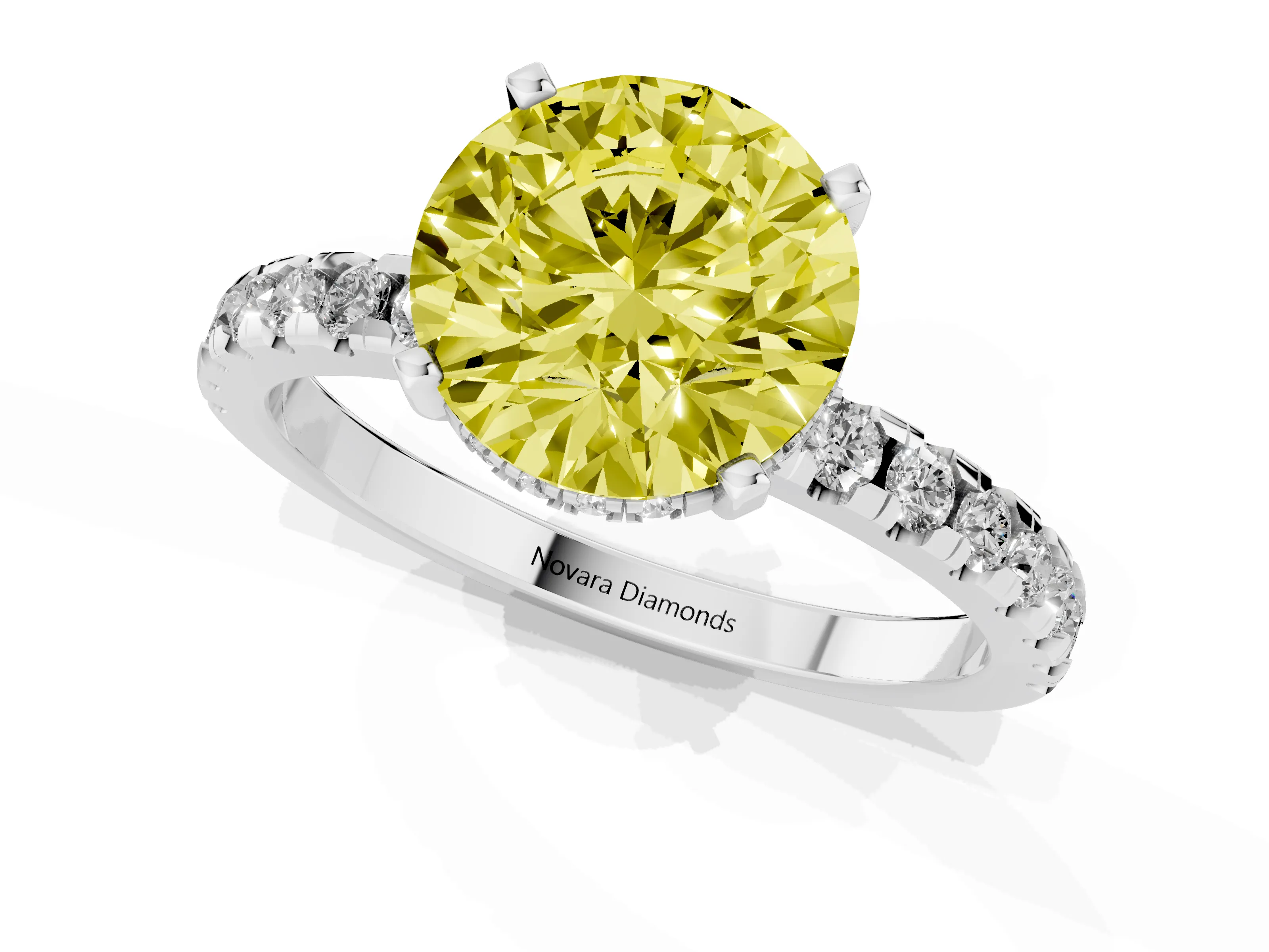 Fancy Yellow Round Cut Diamond Pavé Solitaire Ring Set in Platinum with Round Band Accents and Prong Setting