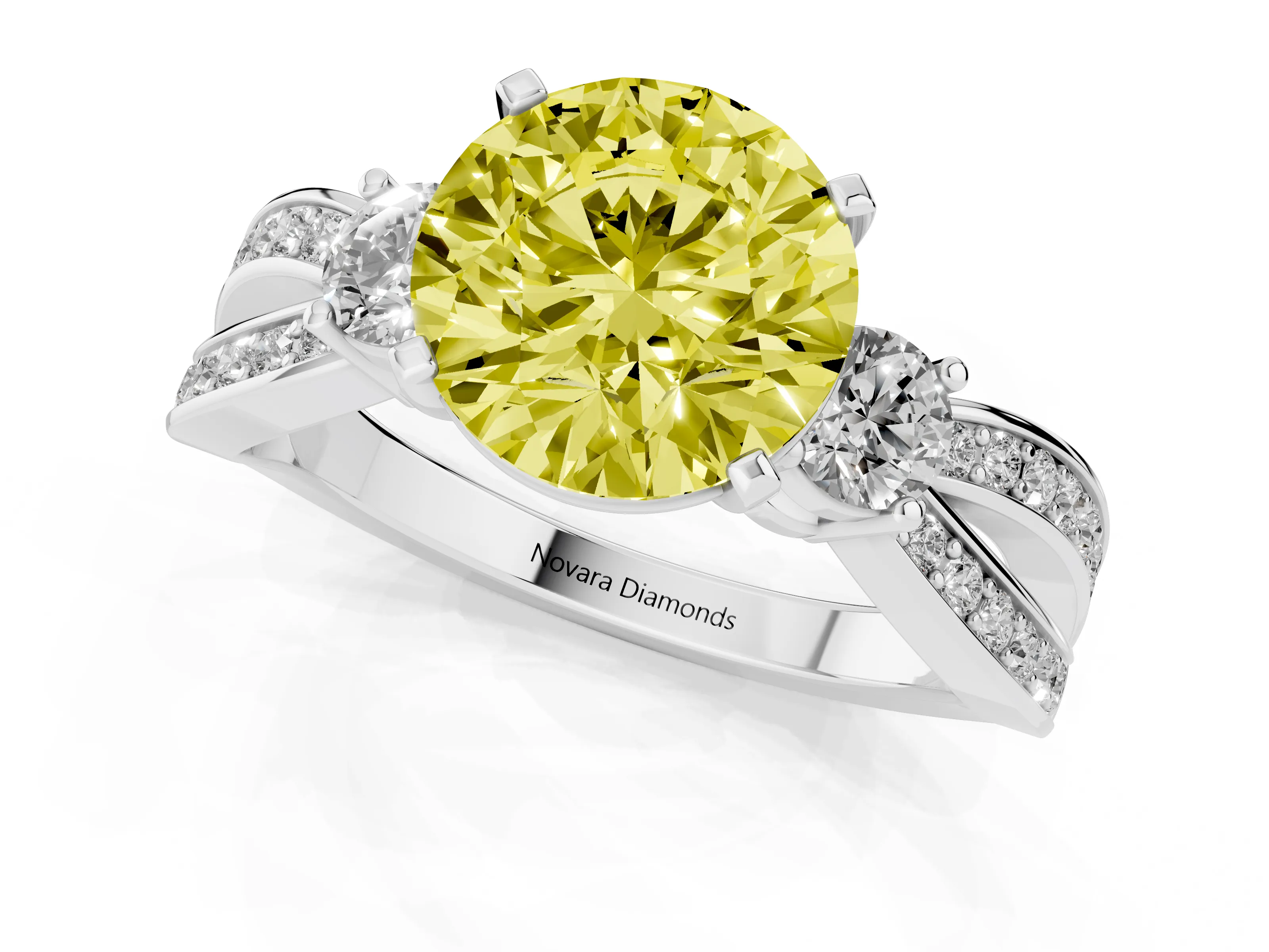 Fancy Yellow Three-Stone Round Cut Diamond Twist Band Ring Set in Silver with Pavé Accents and Prong Setting