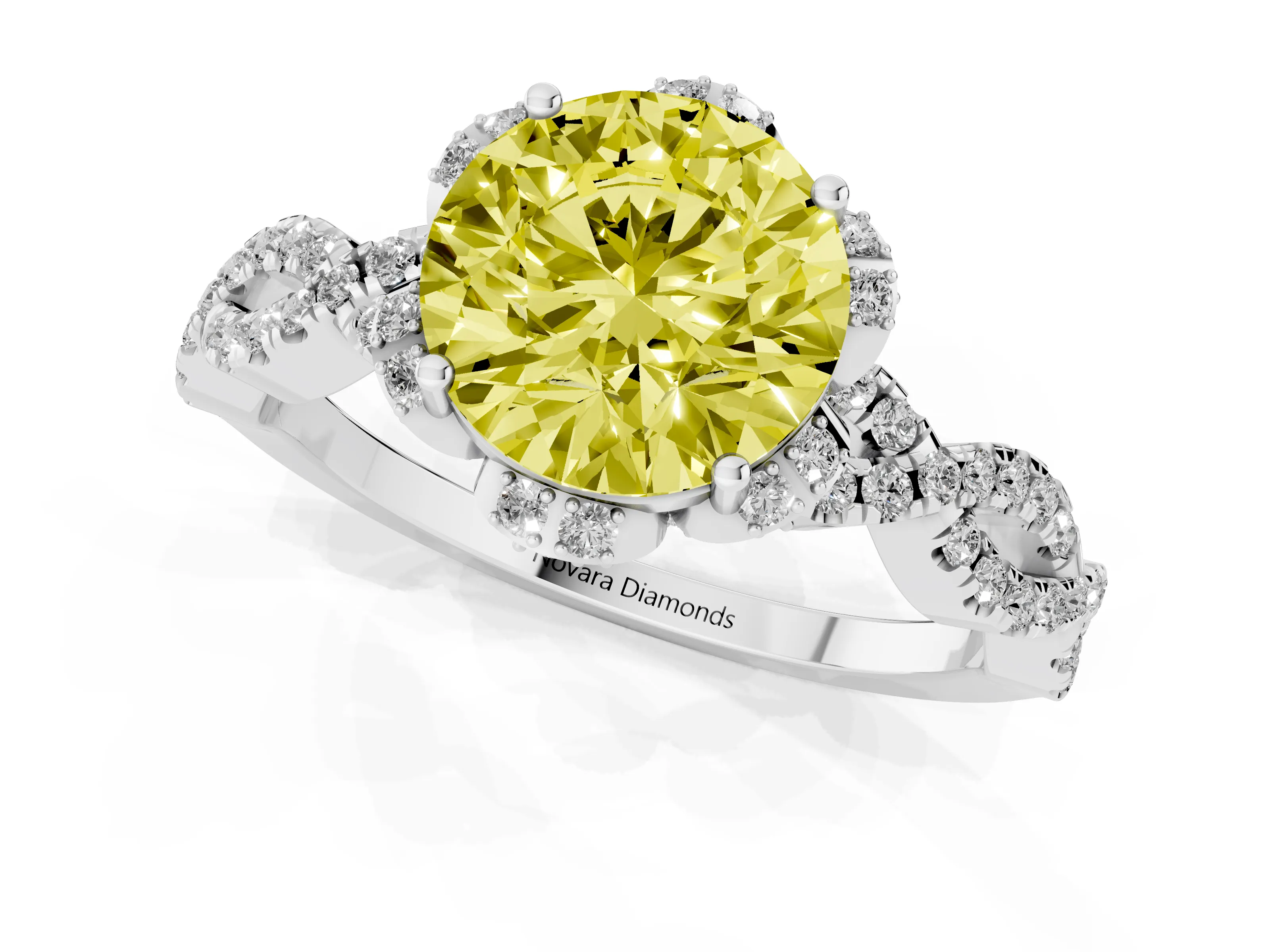 Fancy Yellow Round Cut Diamond Halo Twist Band Solitaire Ring Set in White gold with Prong-Set Center Stone