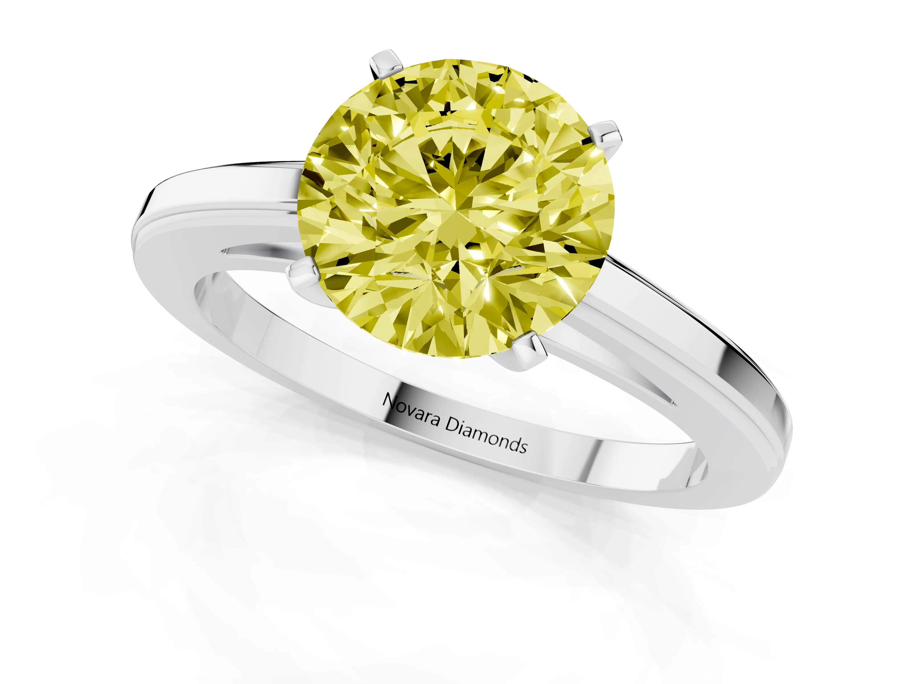 Fancy Yellow Round Cut Diamond Solitaire Ring Set in Platinum with Prong Setting and Classic Band