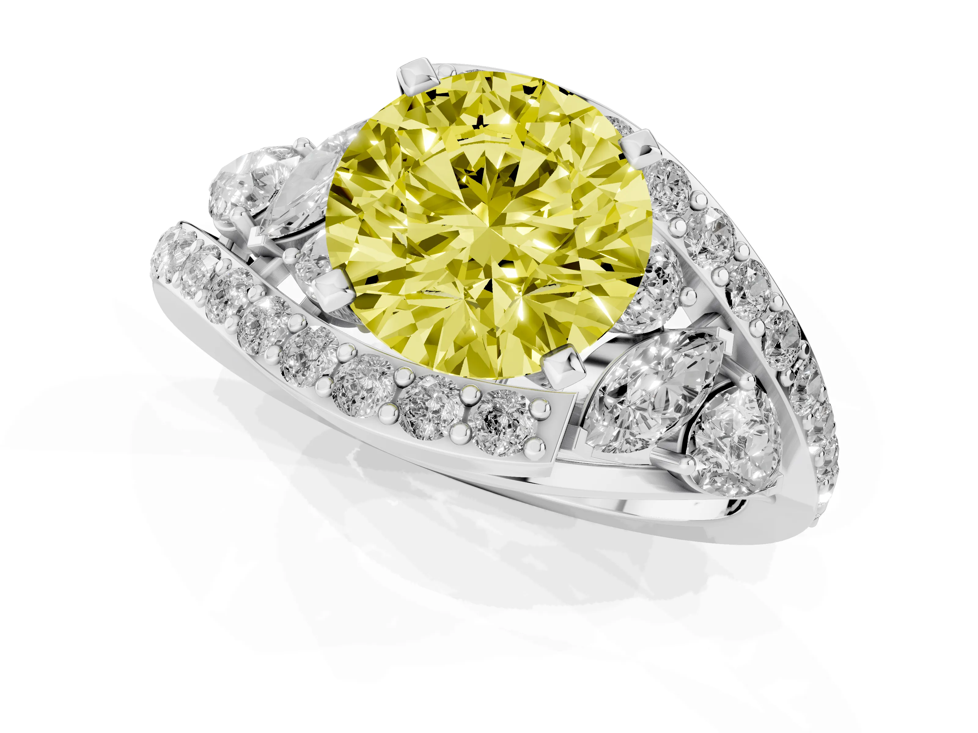 Fancy Yellow Round Cut Diamond Halo Ring Set in Silver with Marquise and Pavé Band in Prong Setting