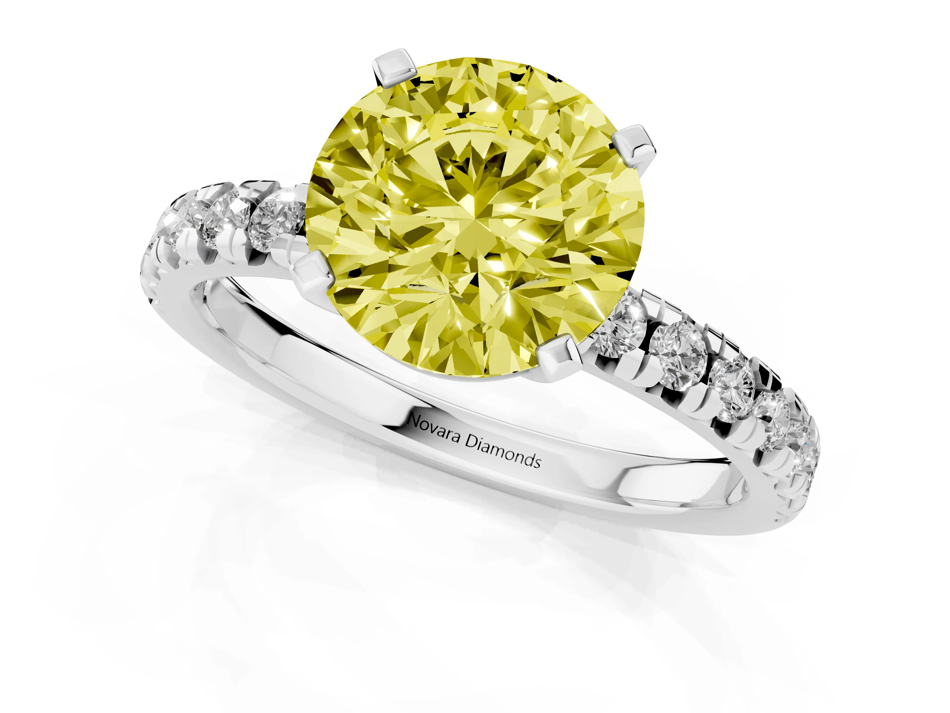 Fancy Yellow Round Cut Diamond Solitaire Pavé Engagement Ring Set in White gold with Round Band and Prong Setting