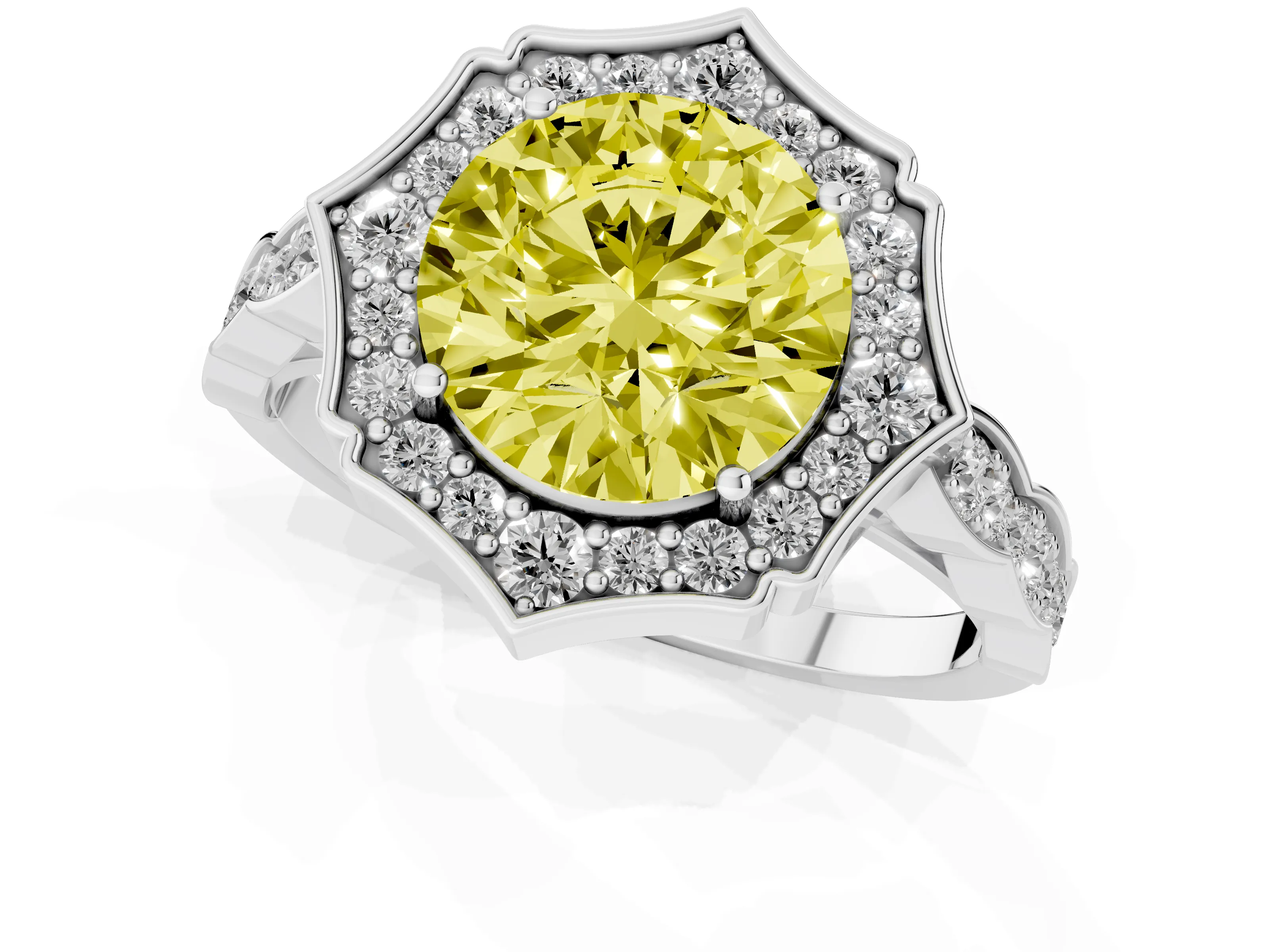 Fancy Yellow Round Cut Diamond Halo Engagement Ring Set in White gold with Milgrain Band and Prong Setting