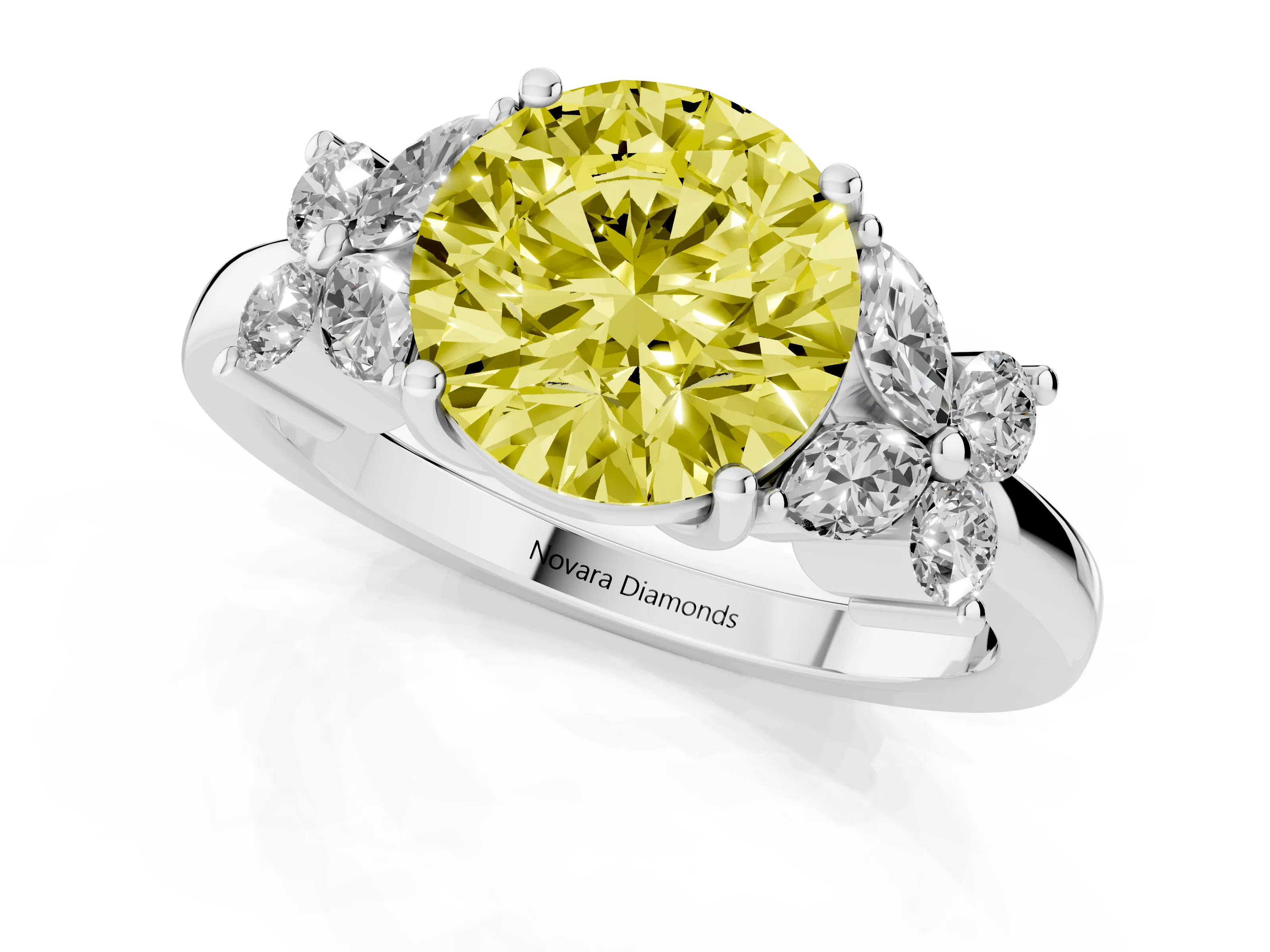 Fancy Yellow Round Cut Diamond Floral Cluster Ring Set in Platinum with Marquise Petals and Prong Setting