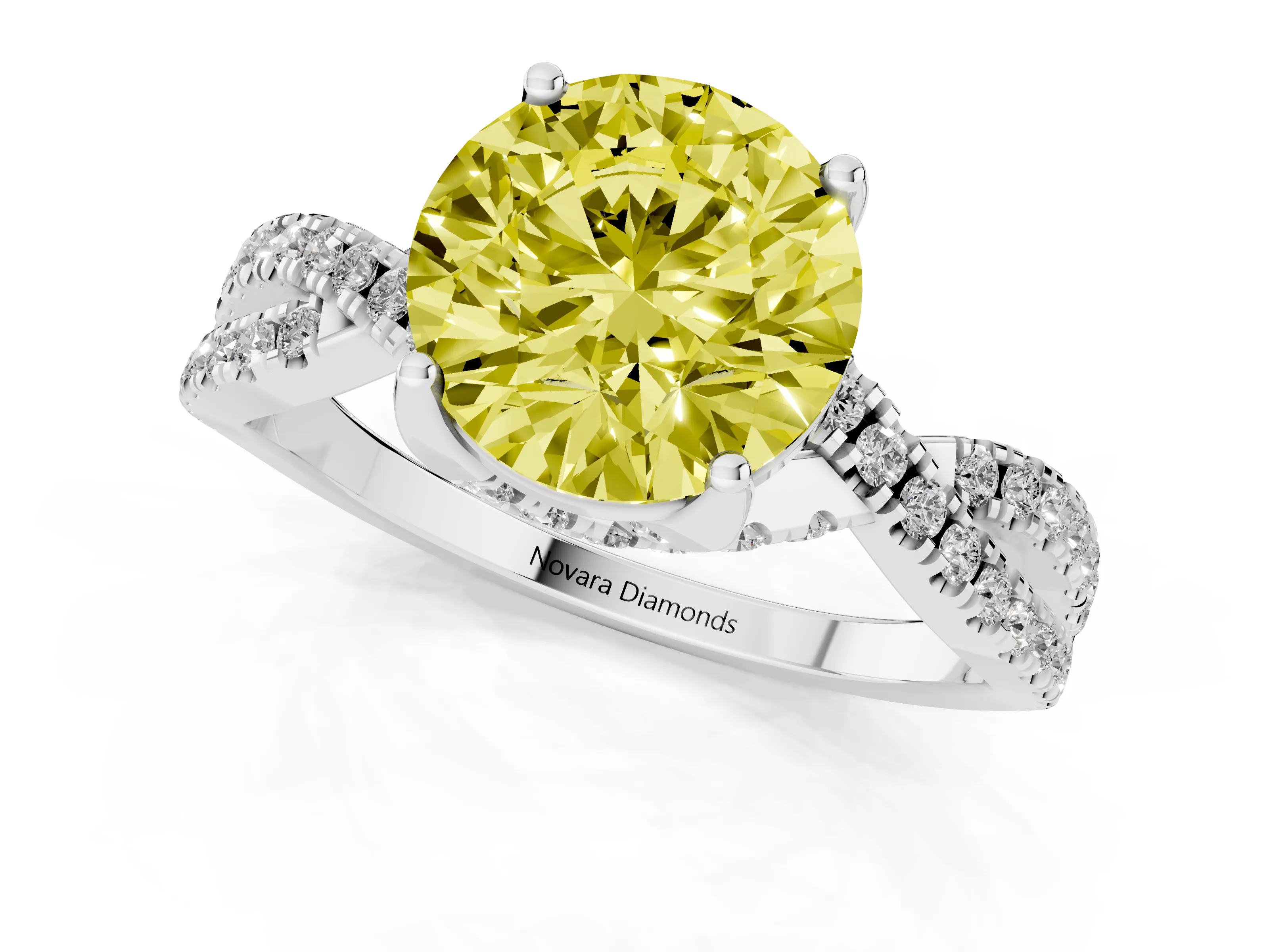 Fancy Yellow Round Cut Diamond Twist Pavé Solitaire Engagement Ring Set in Silver with Prong Setting