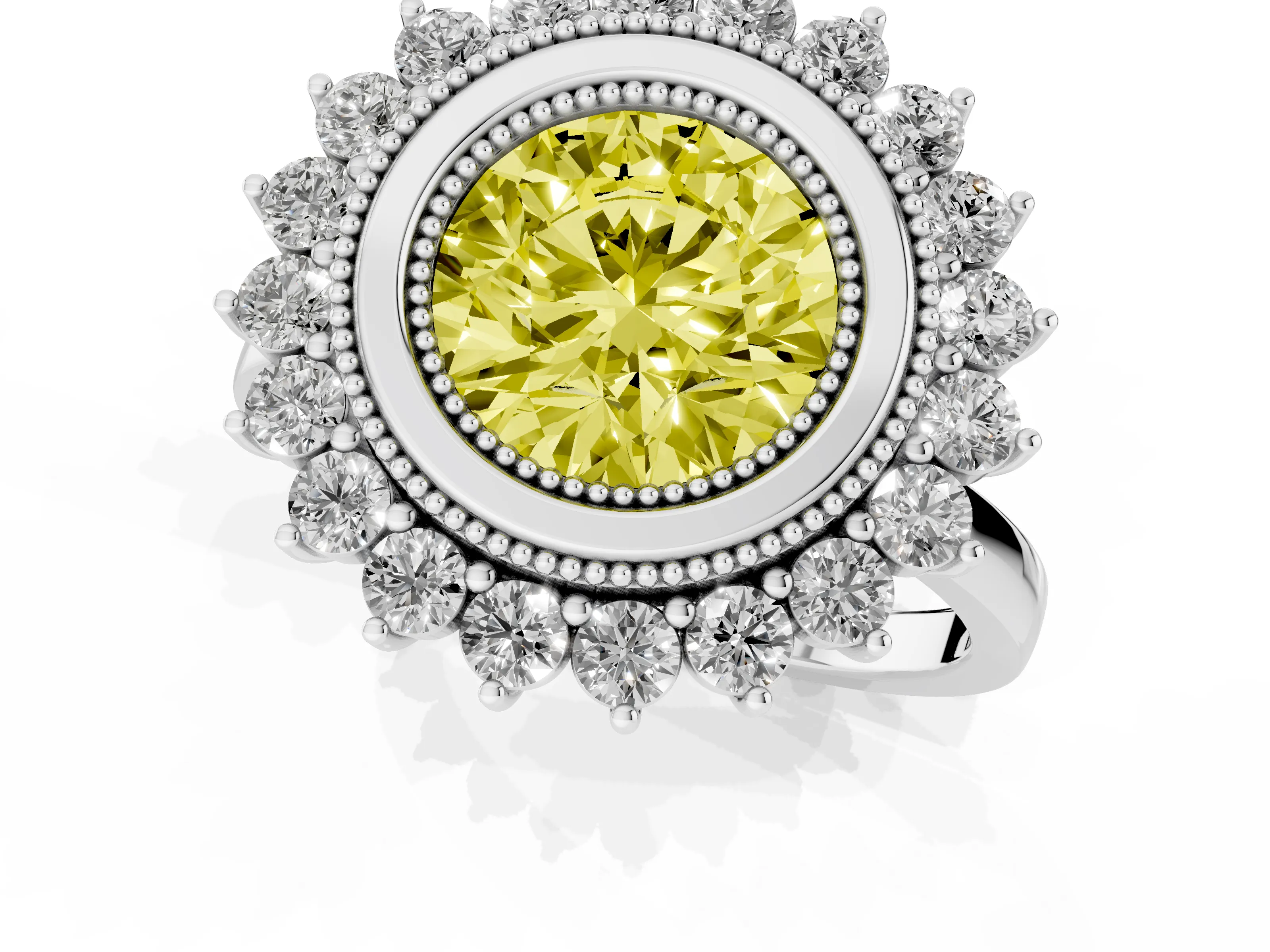 Fancy Yellow Round Cut Diamond Halo Ring Set in Silver with Milgrain Edge and Round Prong Setting