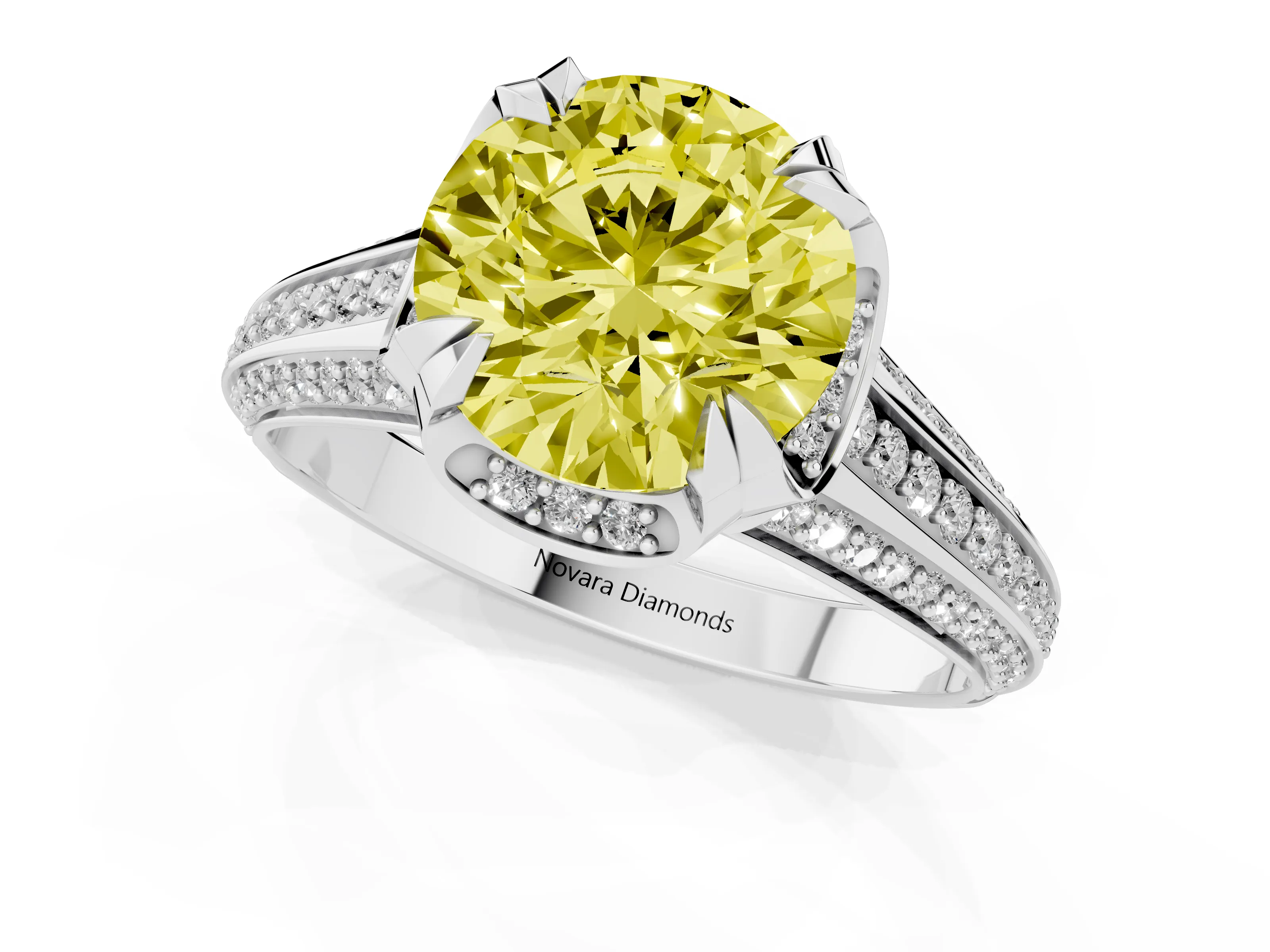 Fancy Yellow Round Cut Diamond Pavé Split Shank Solitaire Ring Set in Platinum with Prong Setting